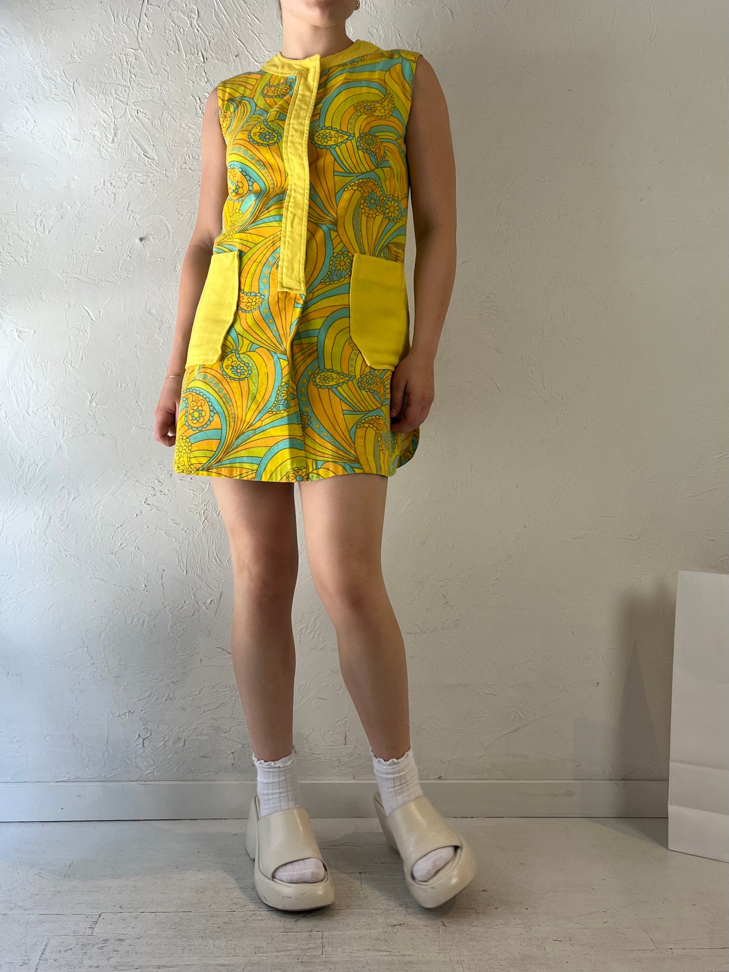 70s Handmade Yellow Paisley Micro Mini Dress / Small