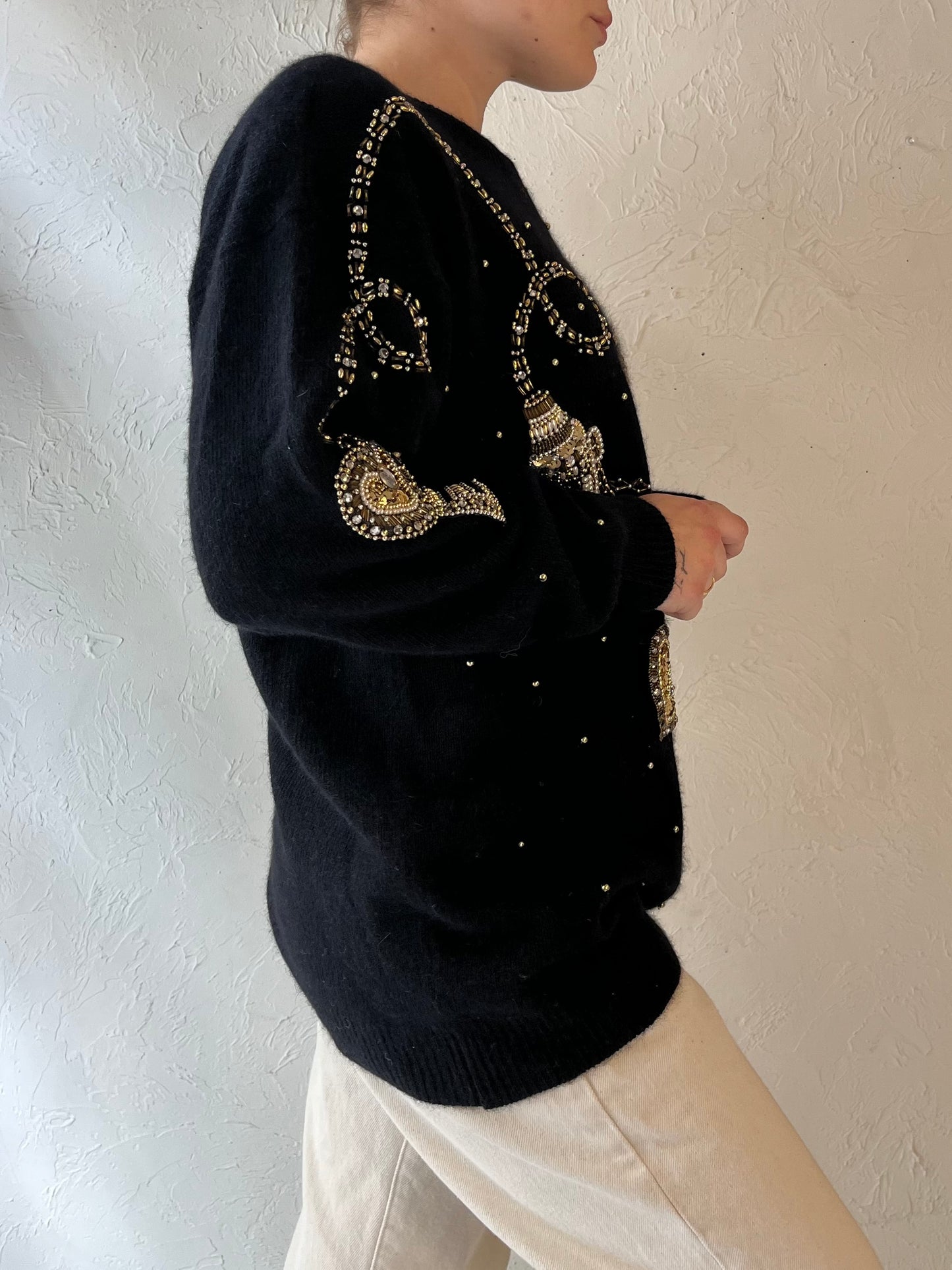 90s 'Bianca' Black Beaded Sweater / Medium