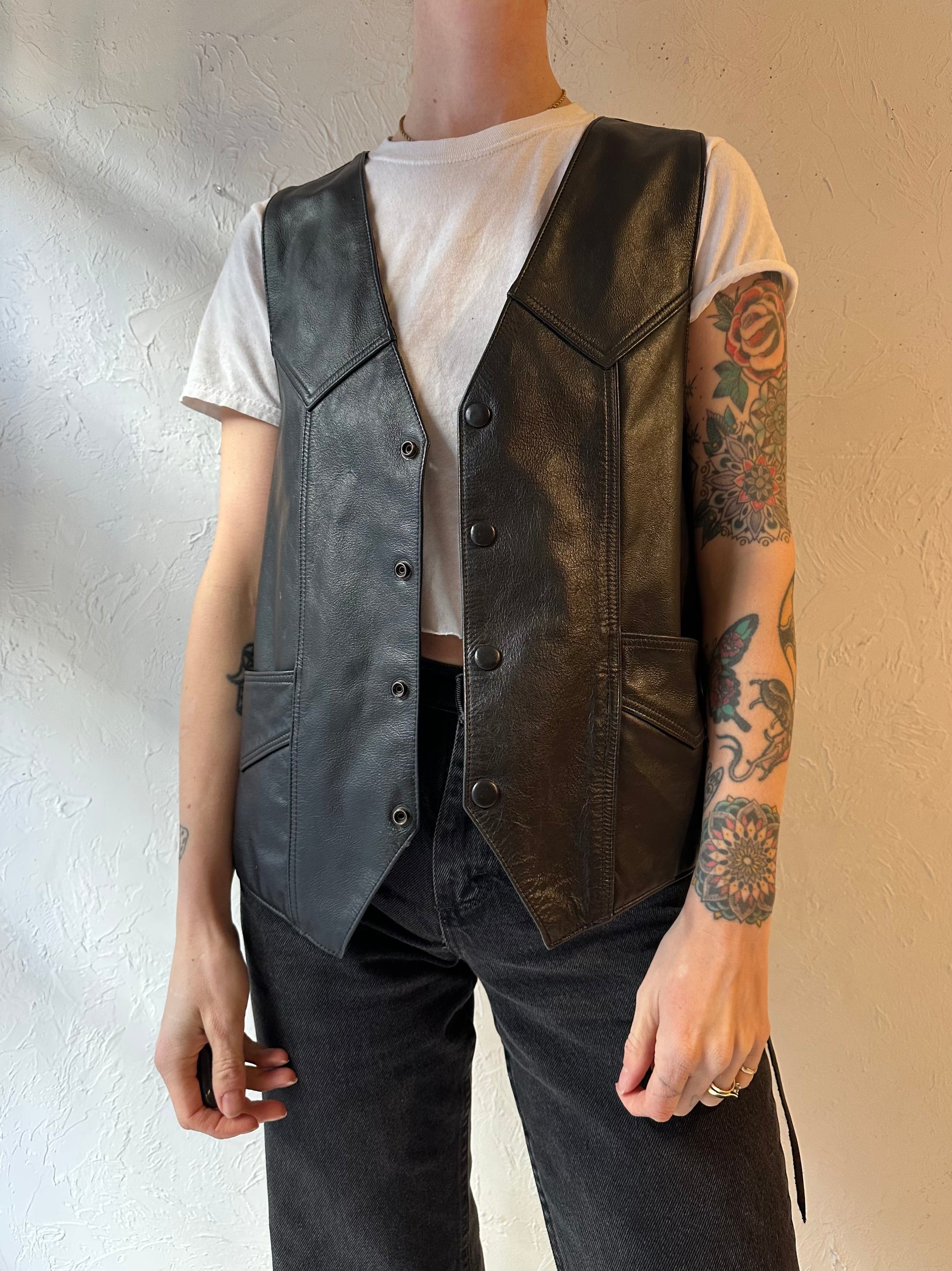 90s ‘Genuine Leather’ Black Biker Vest / Large