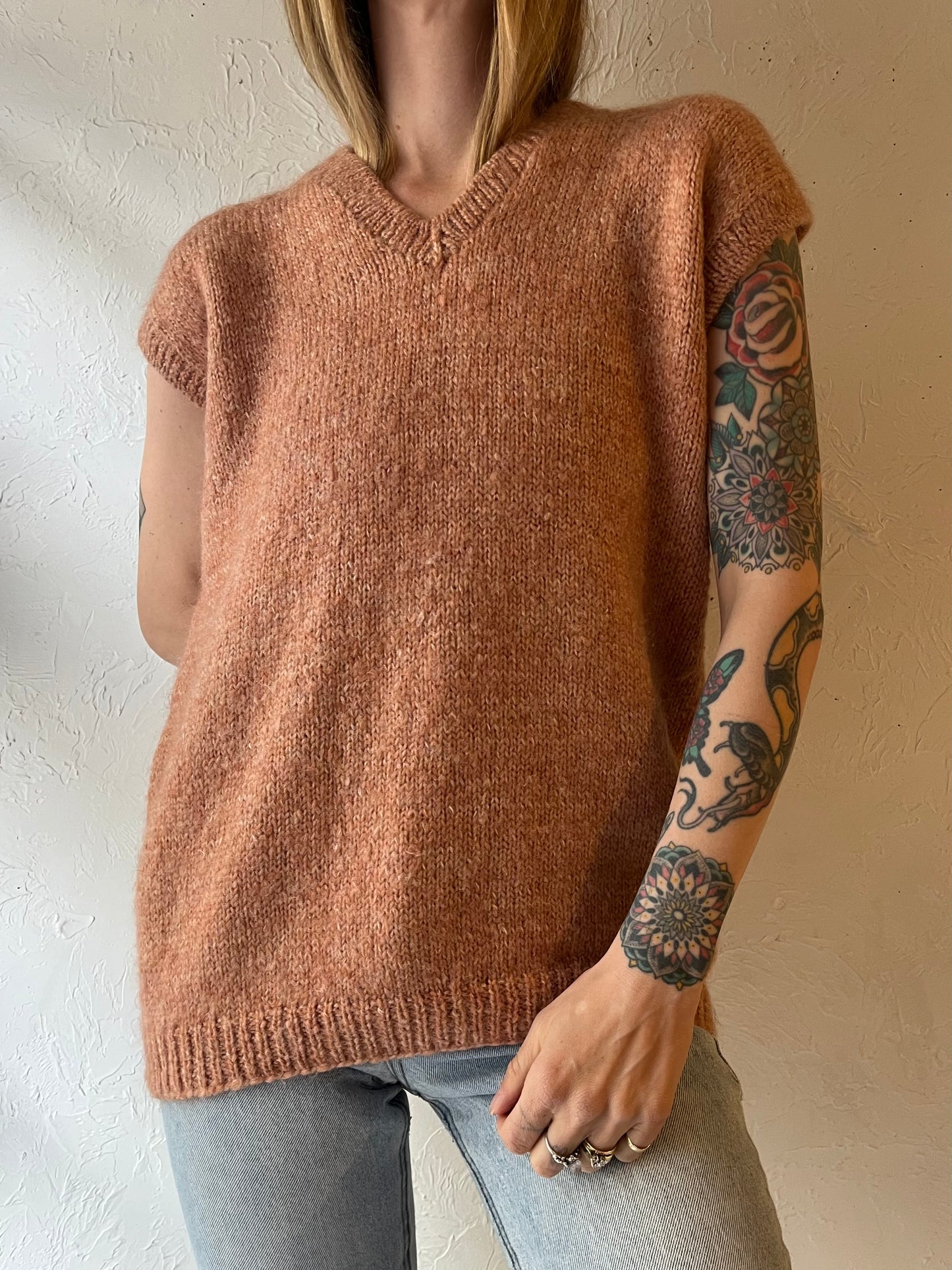 Vintage Hand Knit Pink Wool Vest / Medium