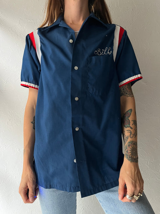 70s 'Hilton' Blue Short Sleeve Button Up Bowling Shirt / Small