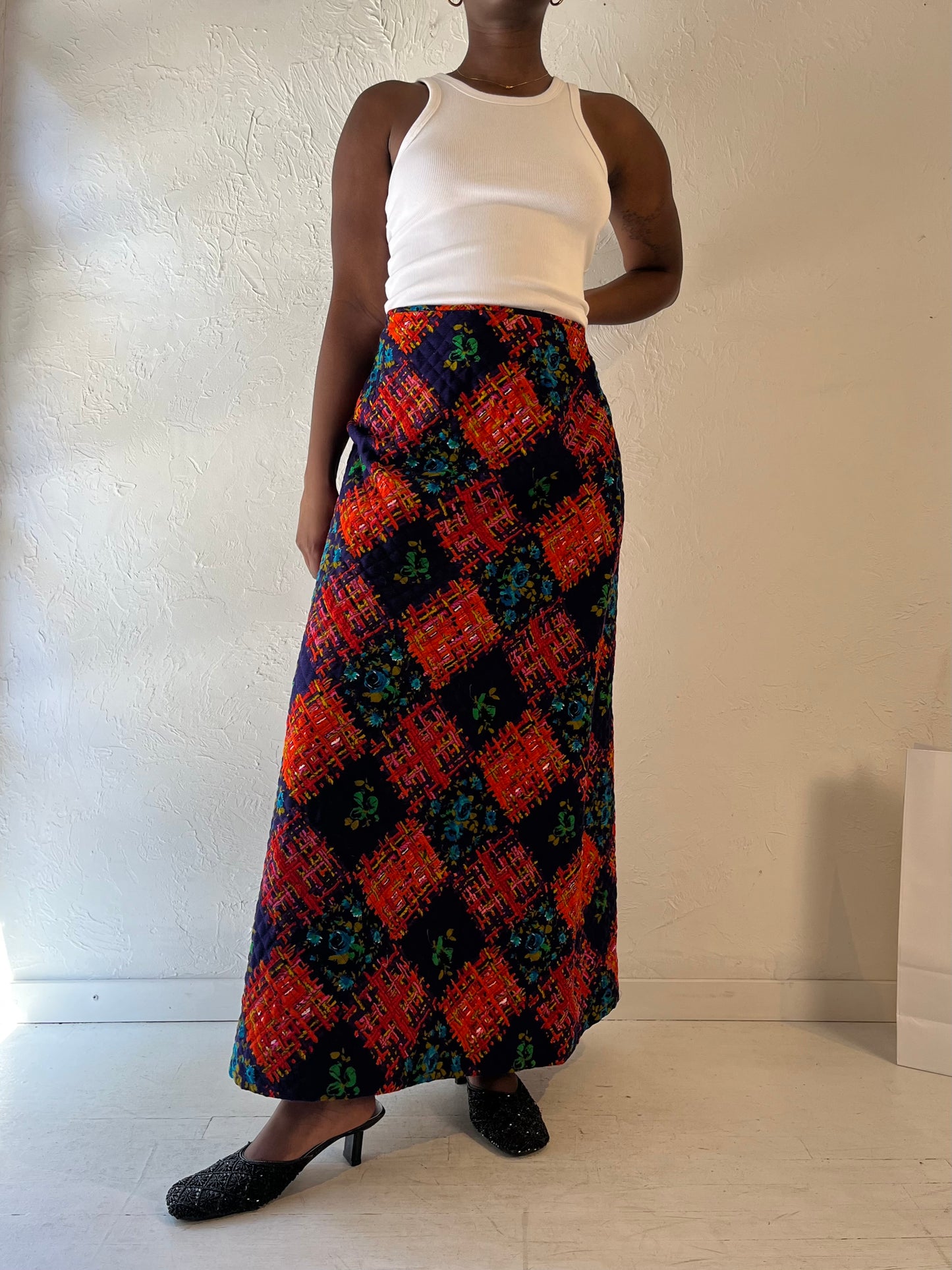 70s Handmade Quilted Maxi Skirt / Medium