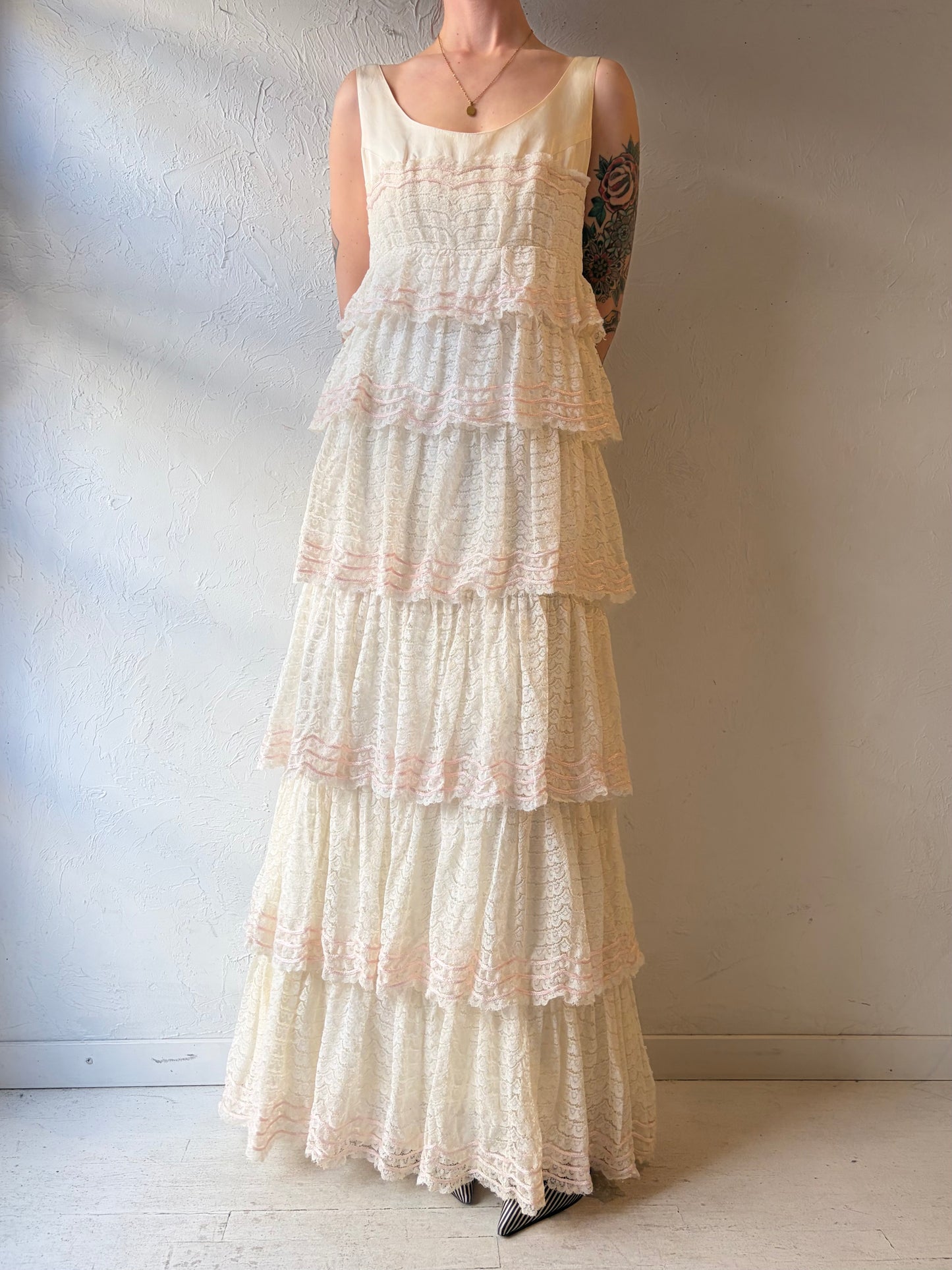 Vintage Tiered Lace Maxi Dress / Medium