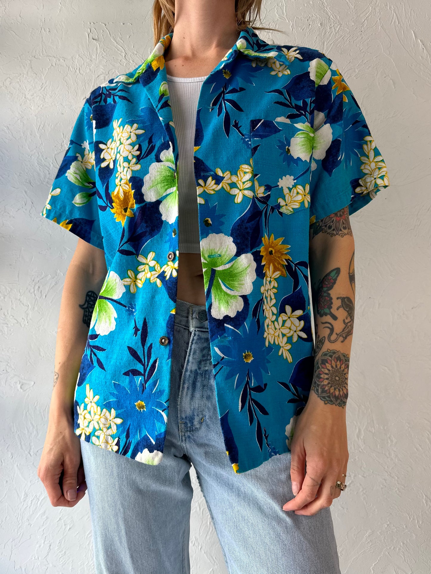 70s Blue Cotton Hawaiian Shirt / Medium