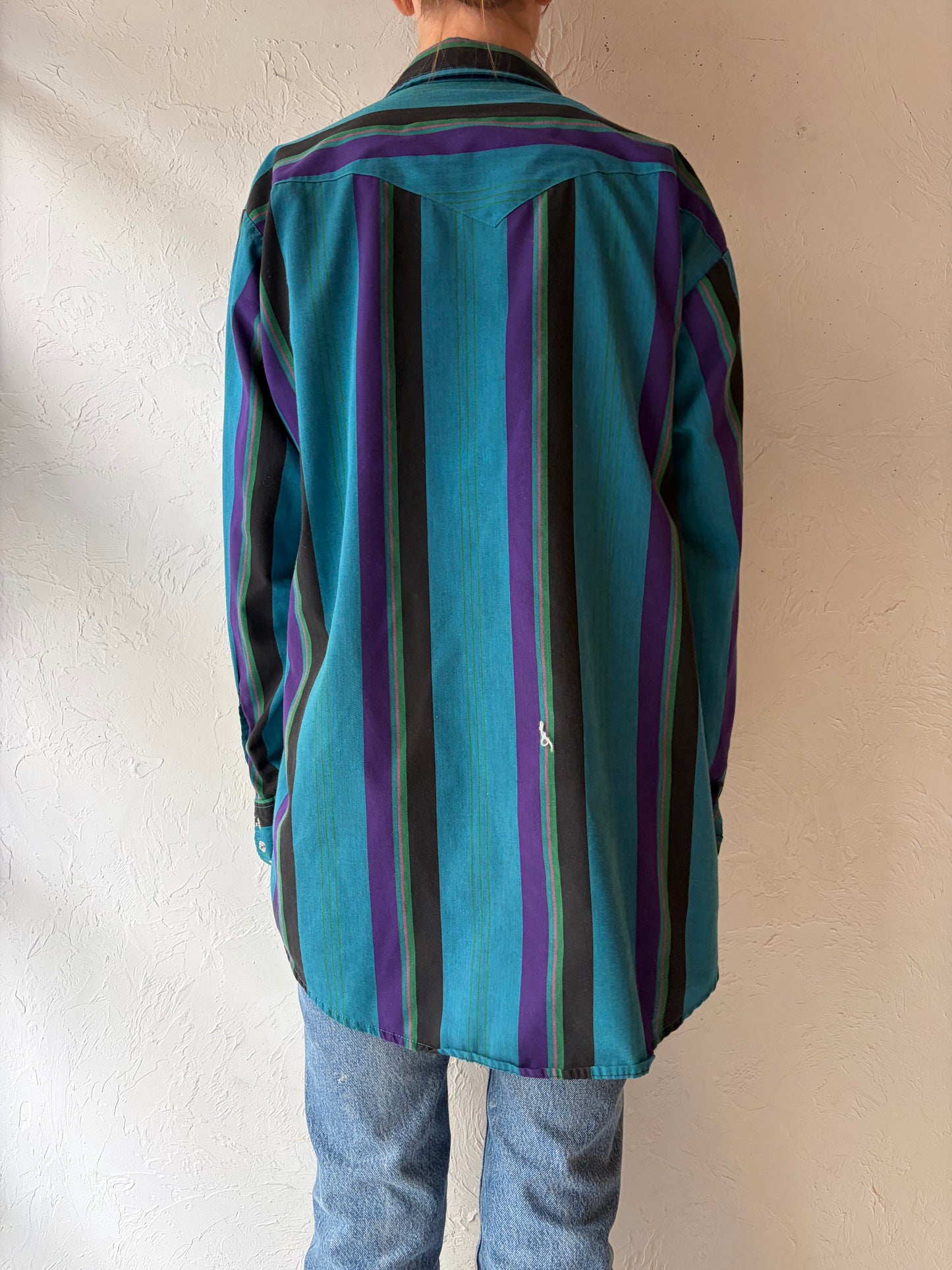 80s 'MGW' Striped Western Snap Up Shirt / Vintage 80s Cowboy Work Wear Shirt / XL