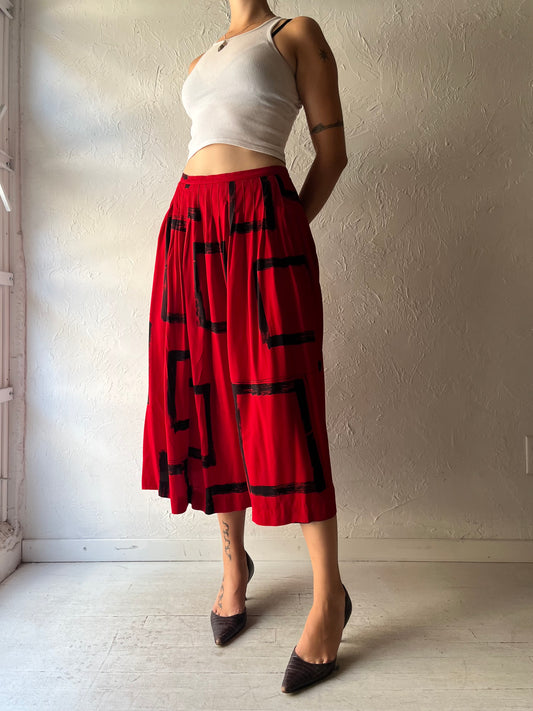 90s 'Jones New York' Red Patterned Pleated Minimalist Office Dark Academia Midi Skirt / Medium