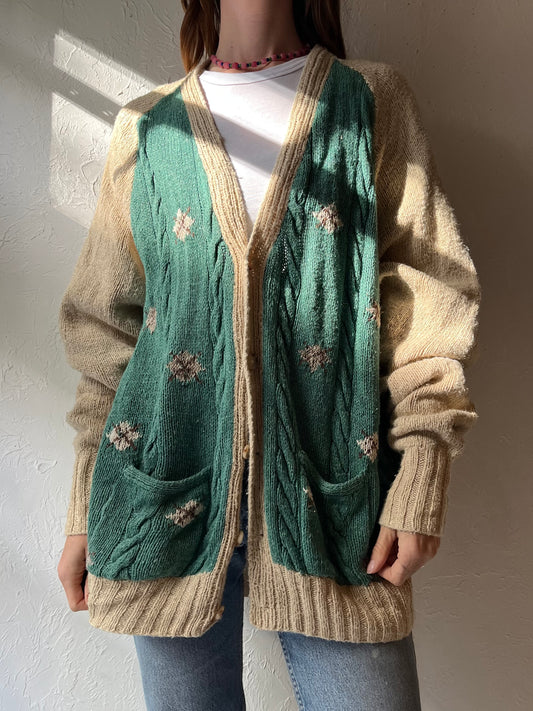 90s 'Polo Ralph Lauren' Beige and green Cottagecore Grandpa Knit Cardigan Sweater / Large