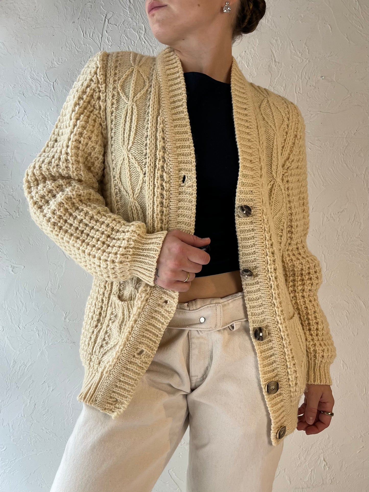 Vintage 'Gaeltarra' Cream Cable Knit Wool Fishermans Cardigan / Small