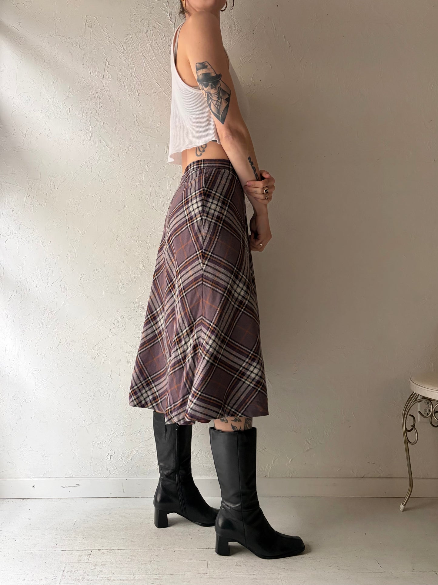 70s 'Aljean' Purple Plaid Wool Knit Winter Midi Skirt / Medium