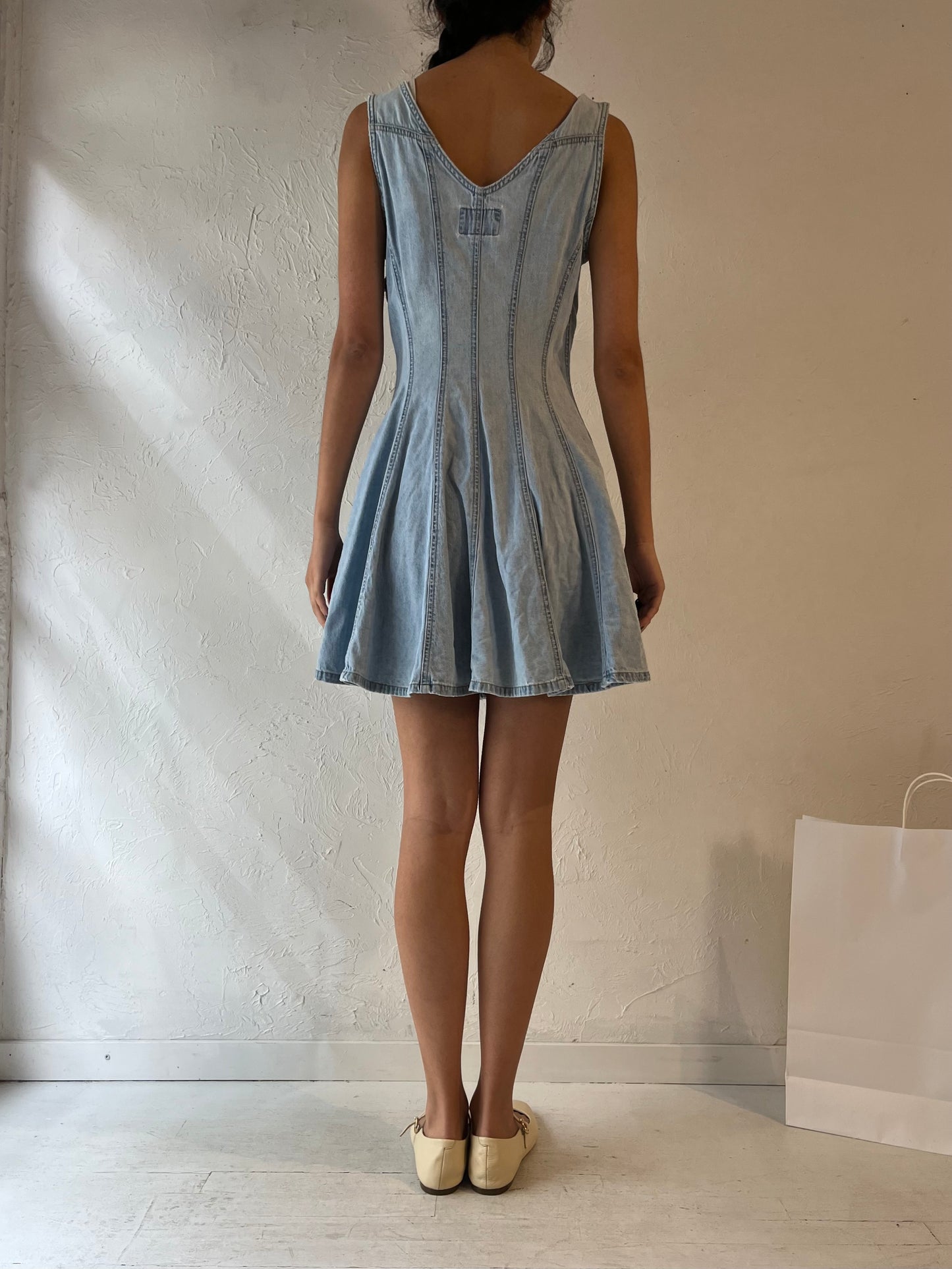 90s 'Squeeze' Button Up Denim Mini Dress / Small - Medium