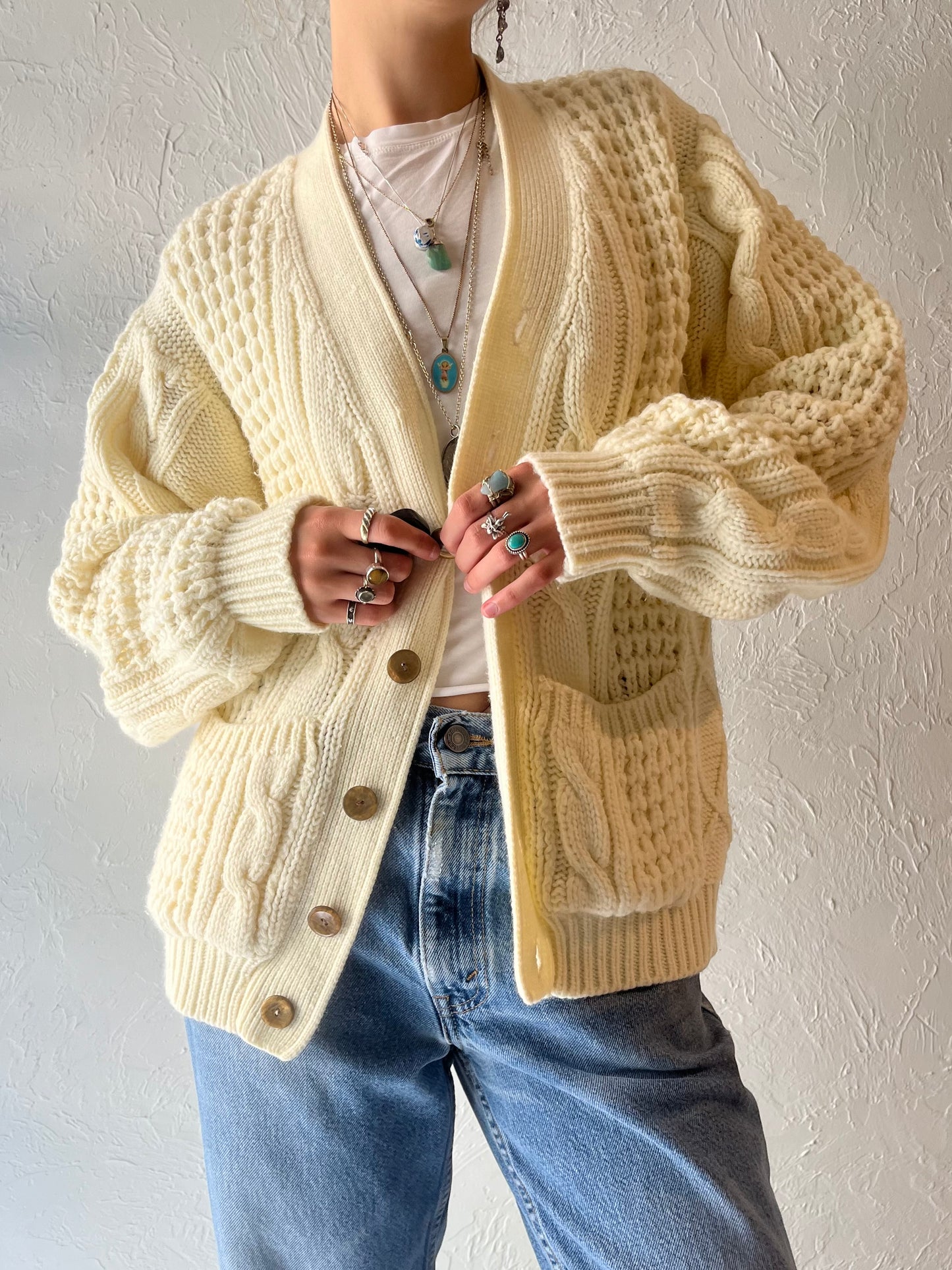 70s 'Sears' Cream Acrylic Cable Knit Cardigan Sweater / Medium