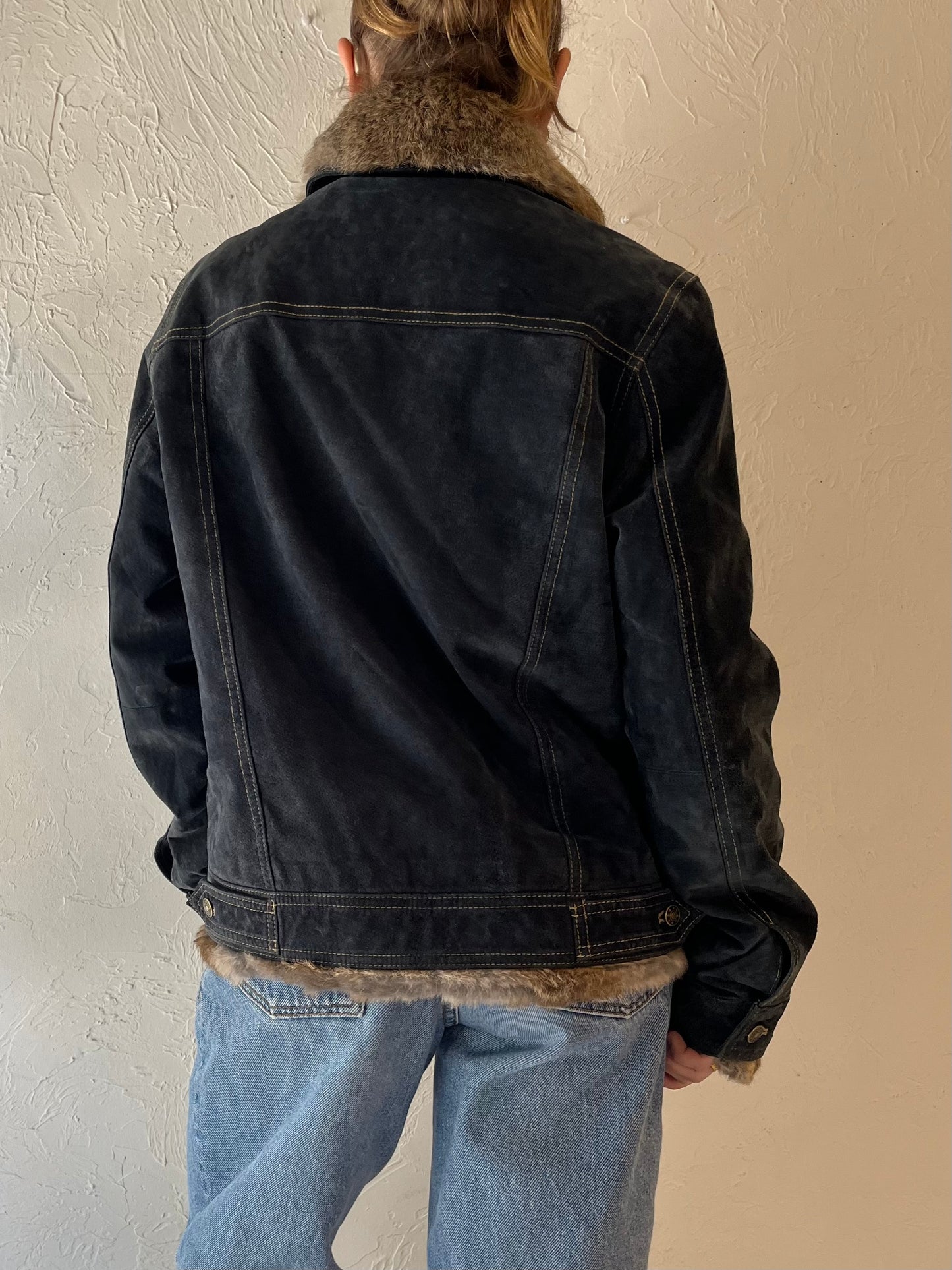 Y2k 'Wilsons Leather' Blue Suede Jacket with Rabbit Fur Trim / Medium