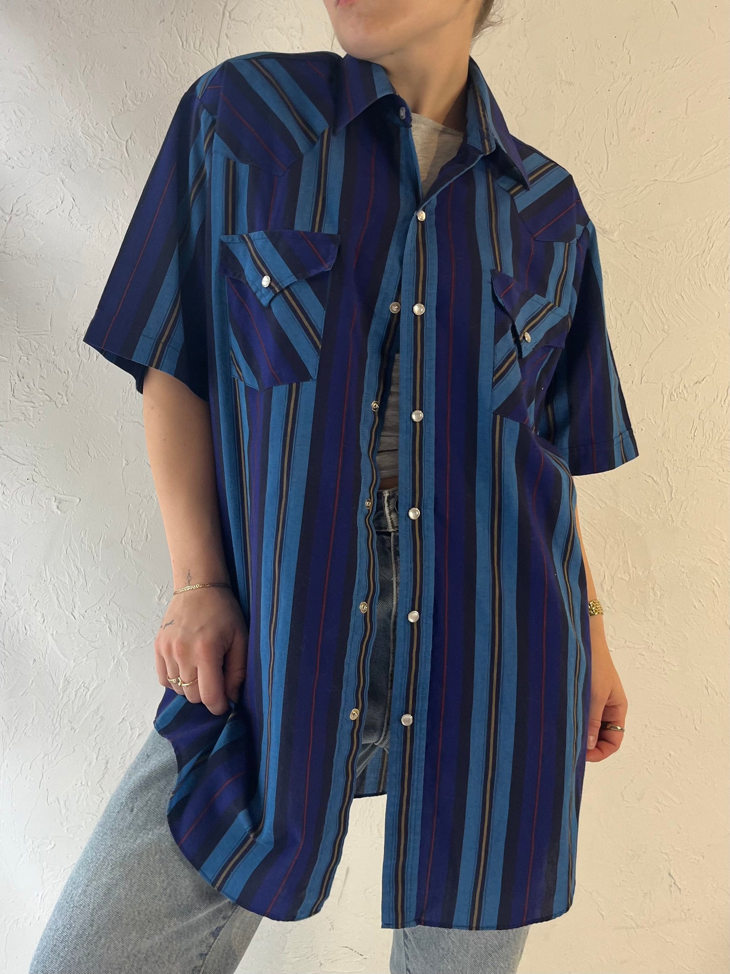 Y2k 'Ely' Blue Striped Pearl Snap Western Shirt / Large