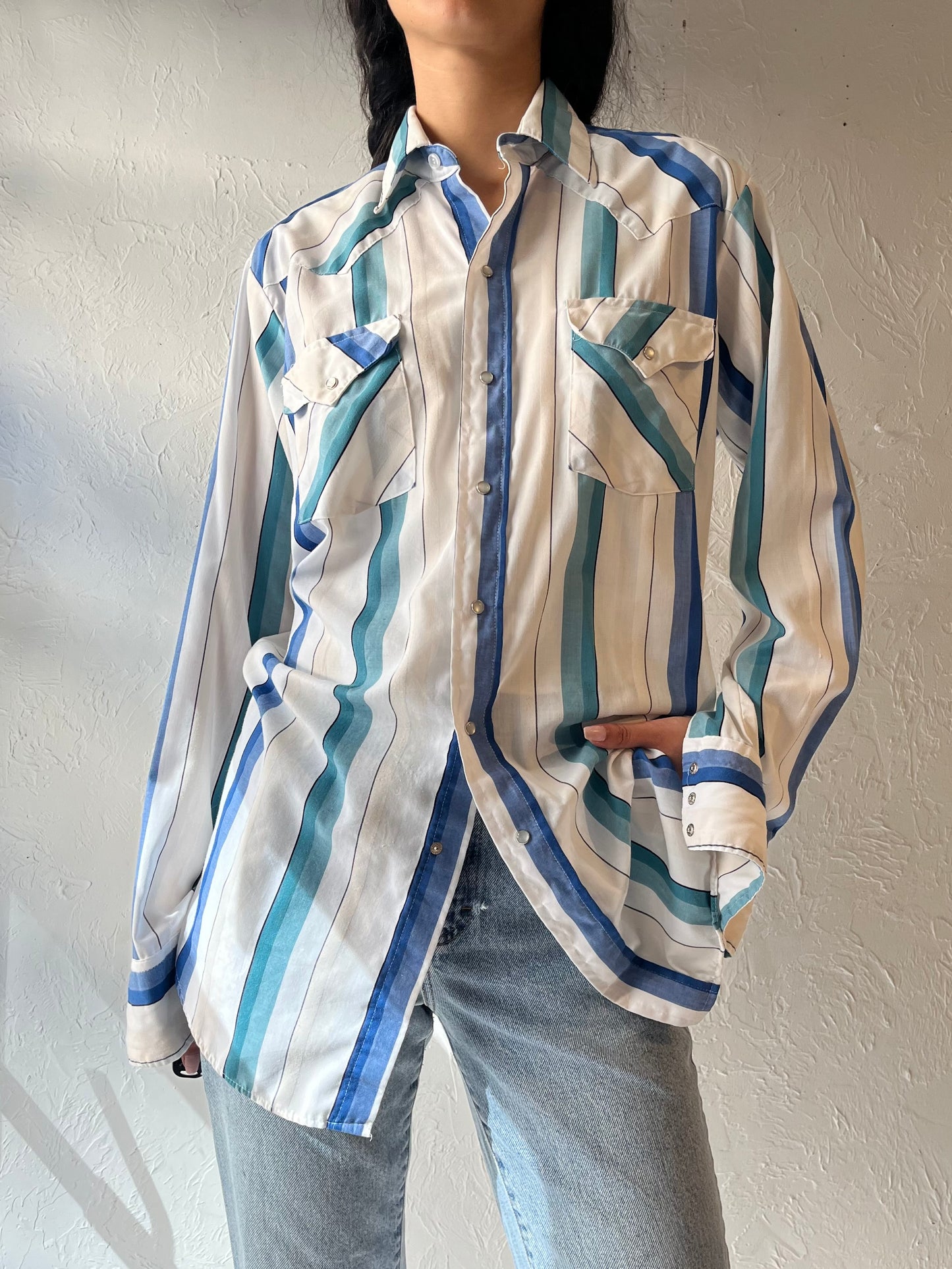 Vintage 'Panhandle Slim' Striped Pearl Snap Western Shirt / Large