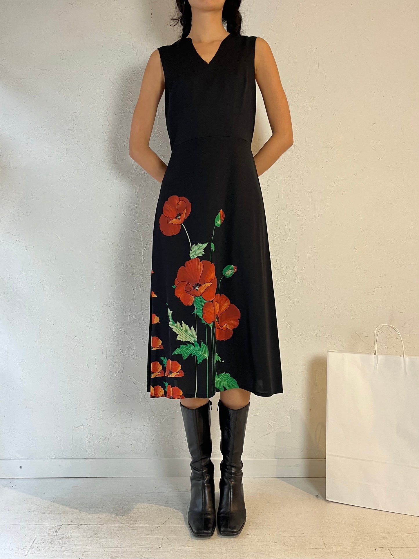 90s ‘Ein Fink Model’ Black Floral Midi Dress / Large