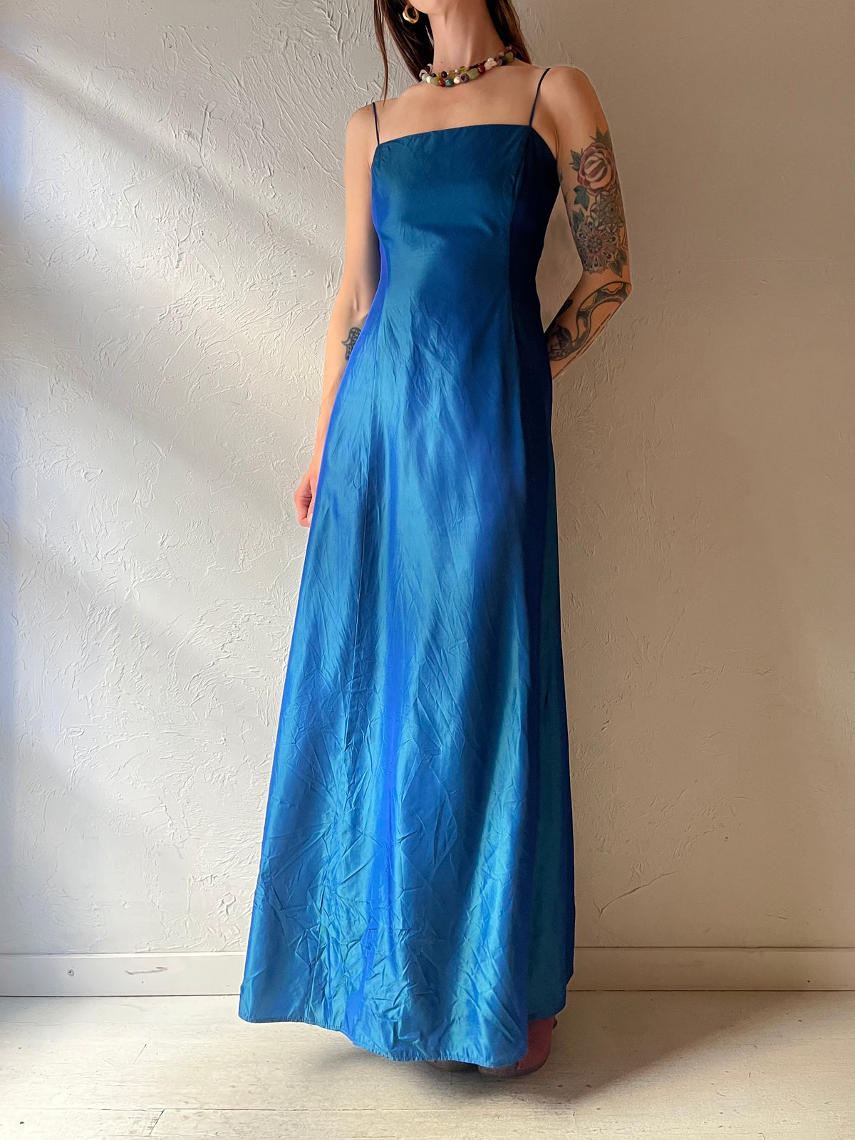 90s Blue Metallic Lace Up Formal Dress / Small