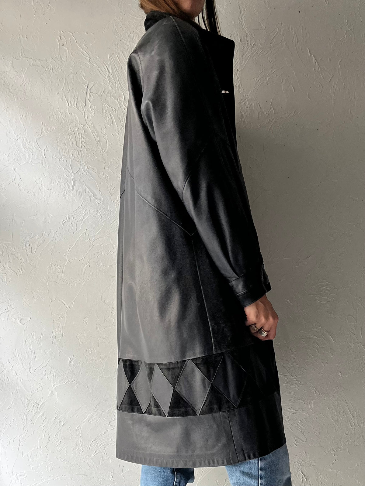90s 'Western Furs' Black Leather Retro Grunge Minimalist Coat / Small