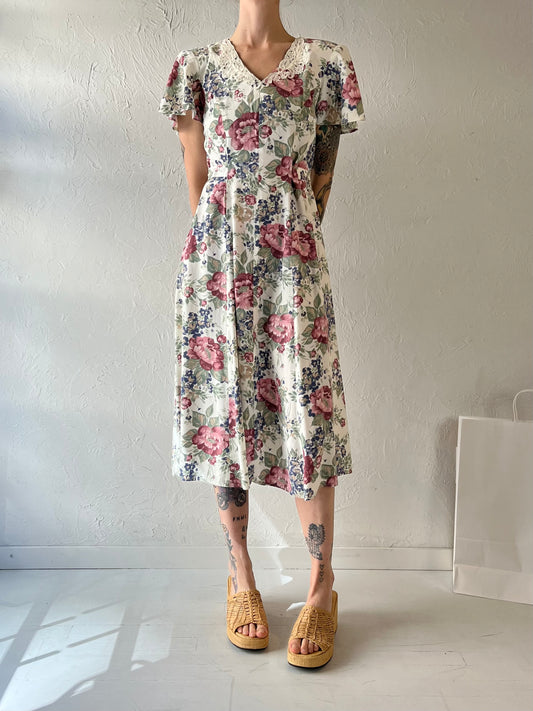 90s 'En Focus' Floral Print Midi Dress / Small