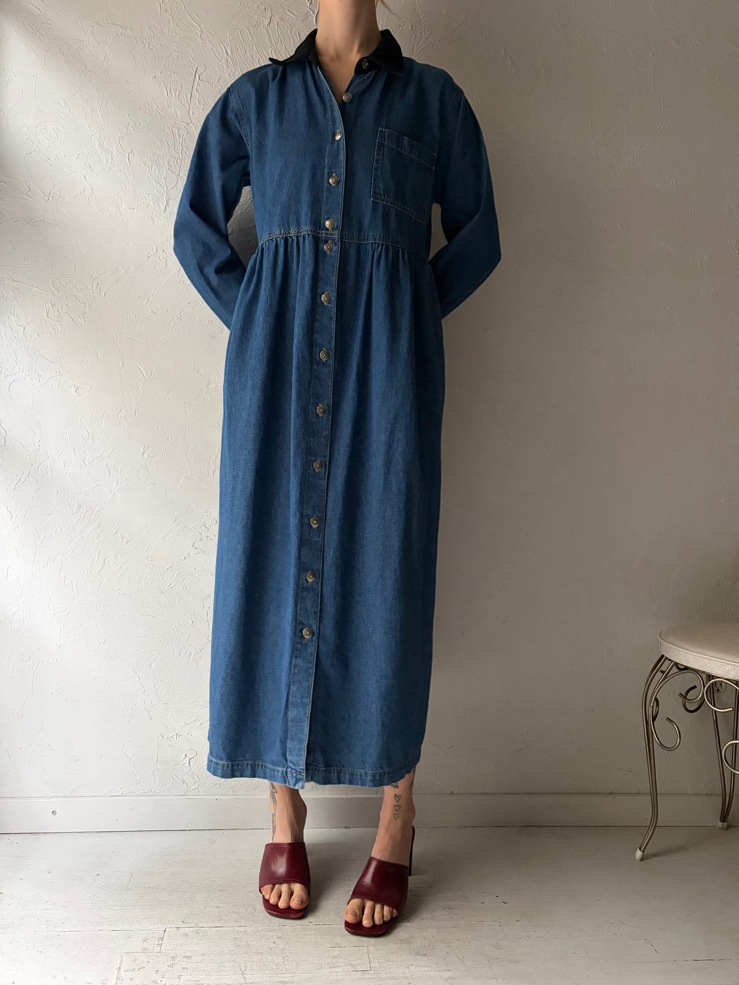 90s ‘Match’ Long Sleeve Denim Dress / Medium