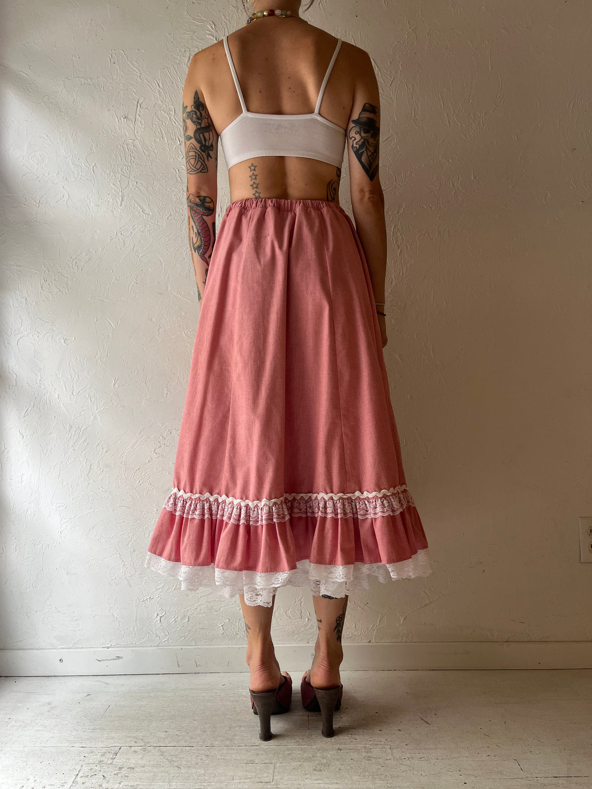 60s 'Rockmount Ranch Wear' Pink Tiered Western Skirt / Small