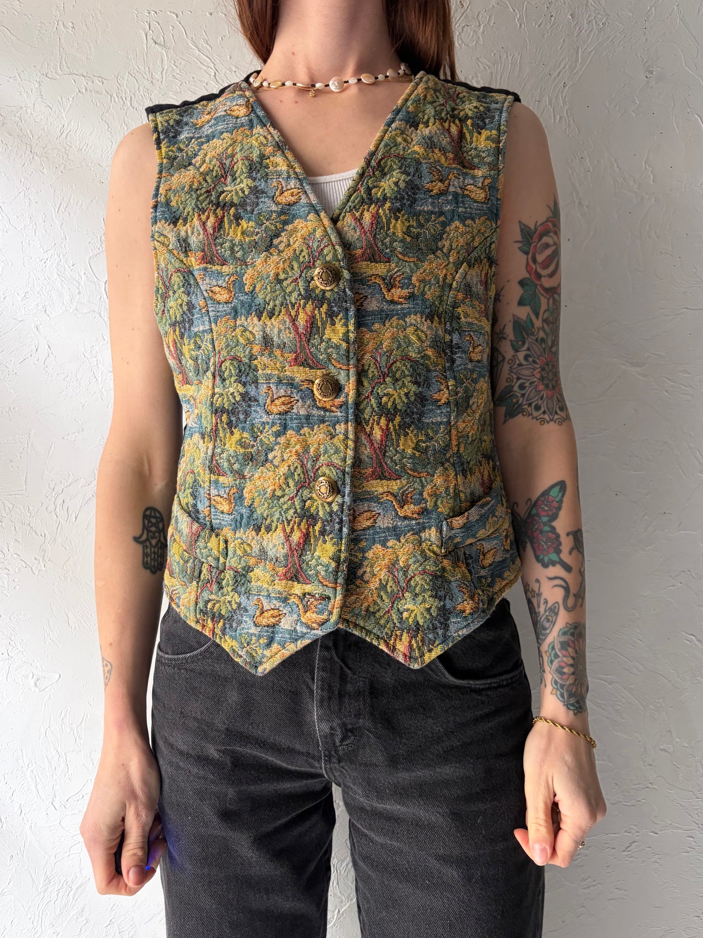 Vintage Yellow Cotton Tapestry Vest / Large