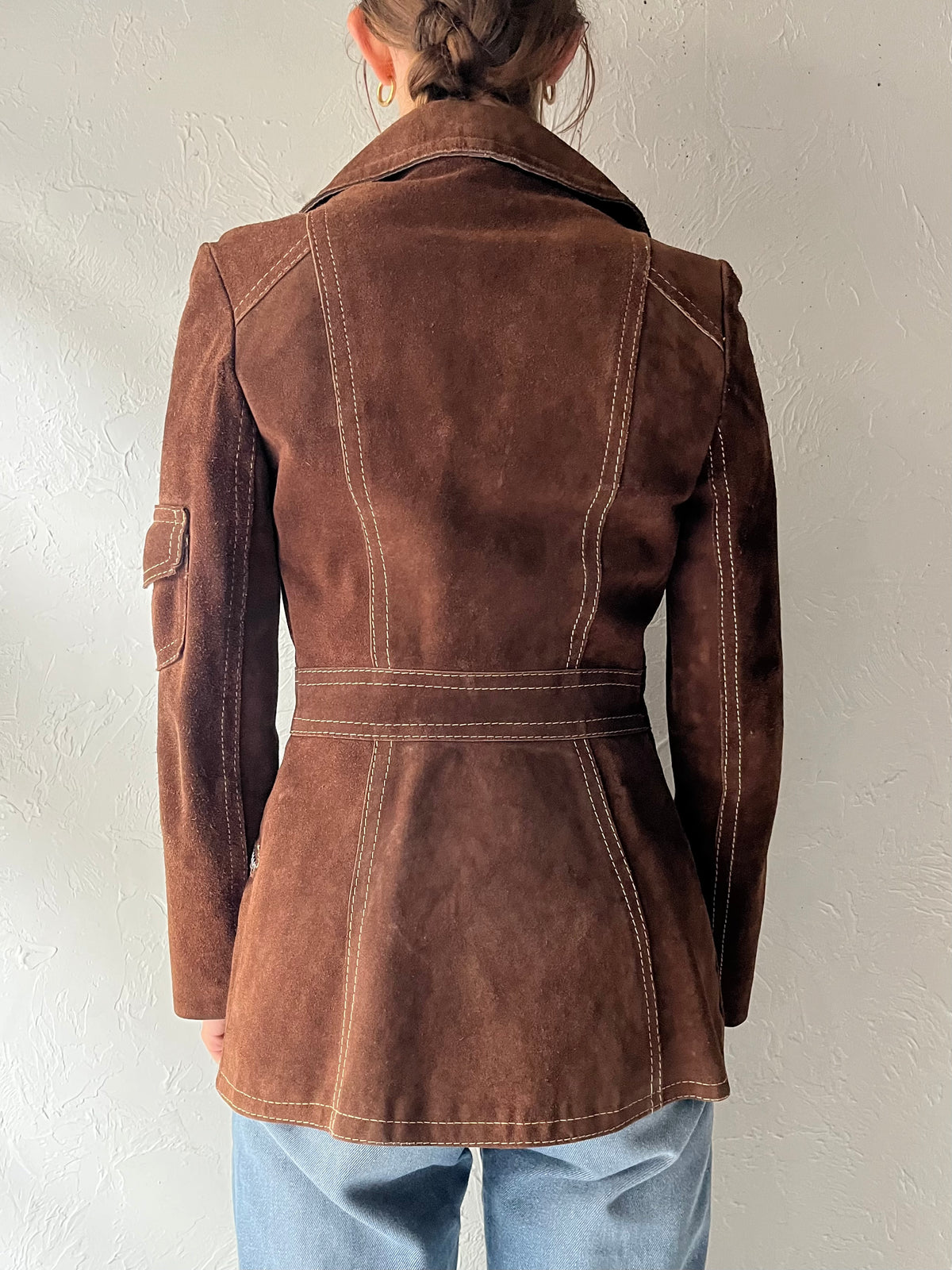 70s Brown Thick Suede Retro Utility Jacket / Small
