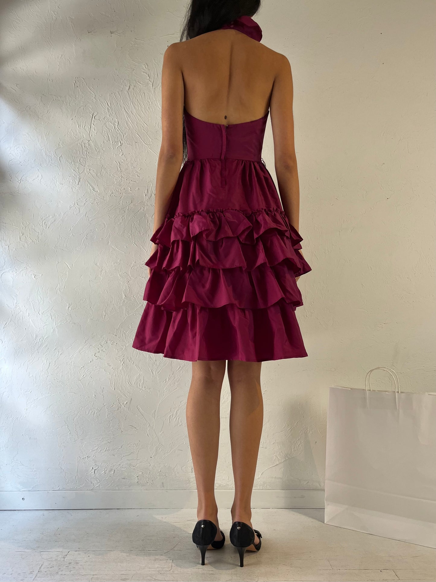 90s 'By Night' Plum Halter Ruffle Dress / Small