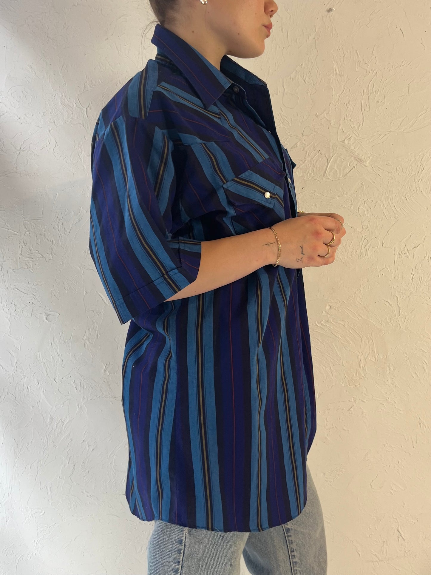 Y2k 'Ely' Blue Striped Pearl Snap Western Shirt / Large