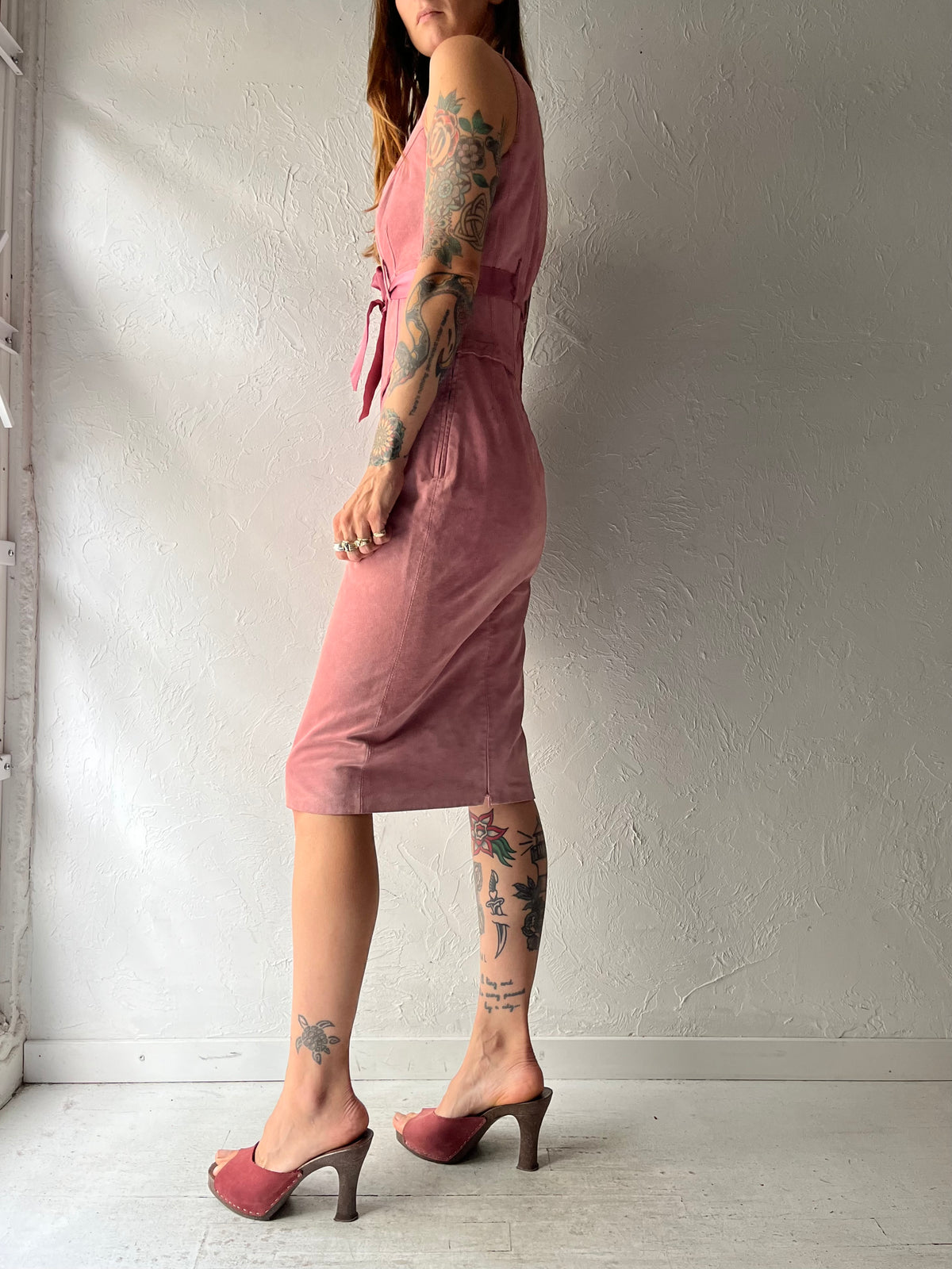 90s 'Danier' Pink Suede Fitted Sleeveless Fall Dress / Small
