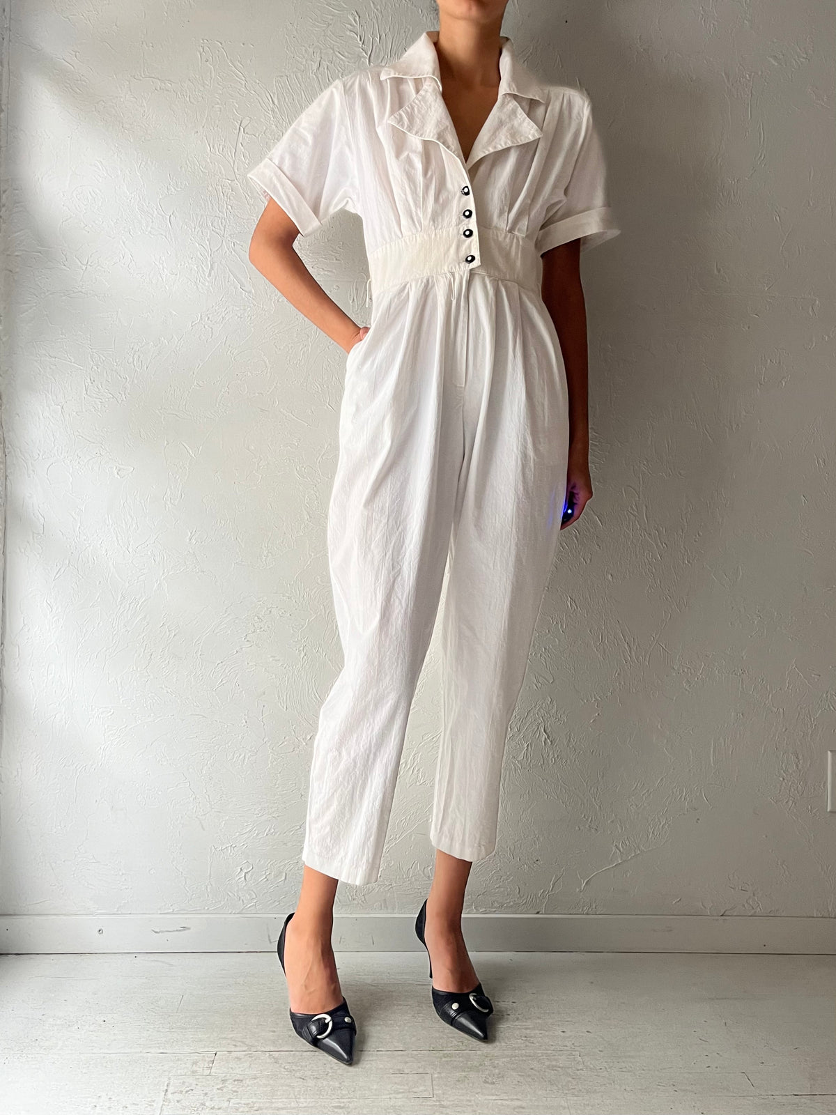 Vintage White Cotton Collared Retro Jumpsuit / Small