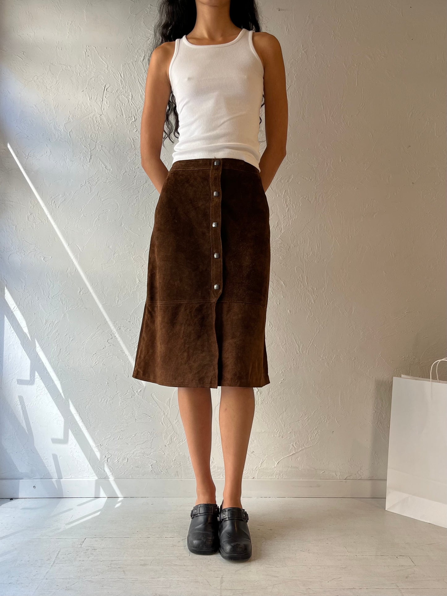 70s 'Elle' Brown Suede Midi Skirt / Small