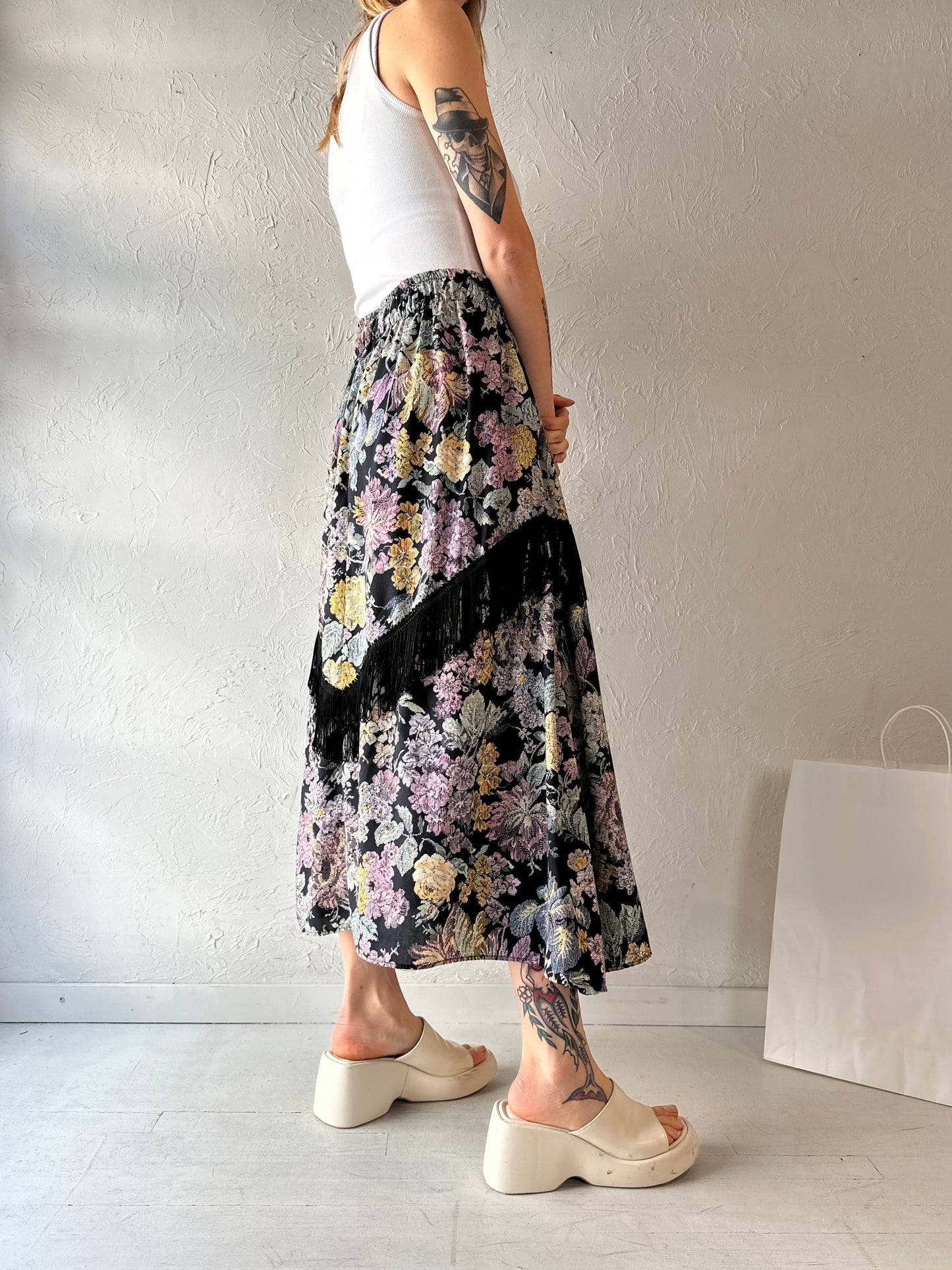 90s Floral Print Fringe Midi Skirt / Small - Medium