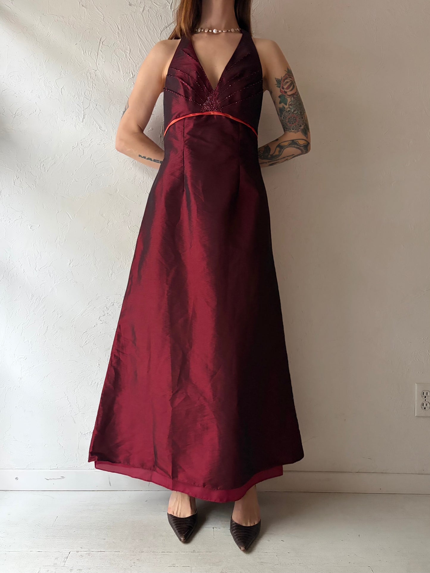 Y2k Vintage Red Metallic Formal Prom Halter Maxi Dress / Medium