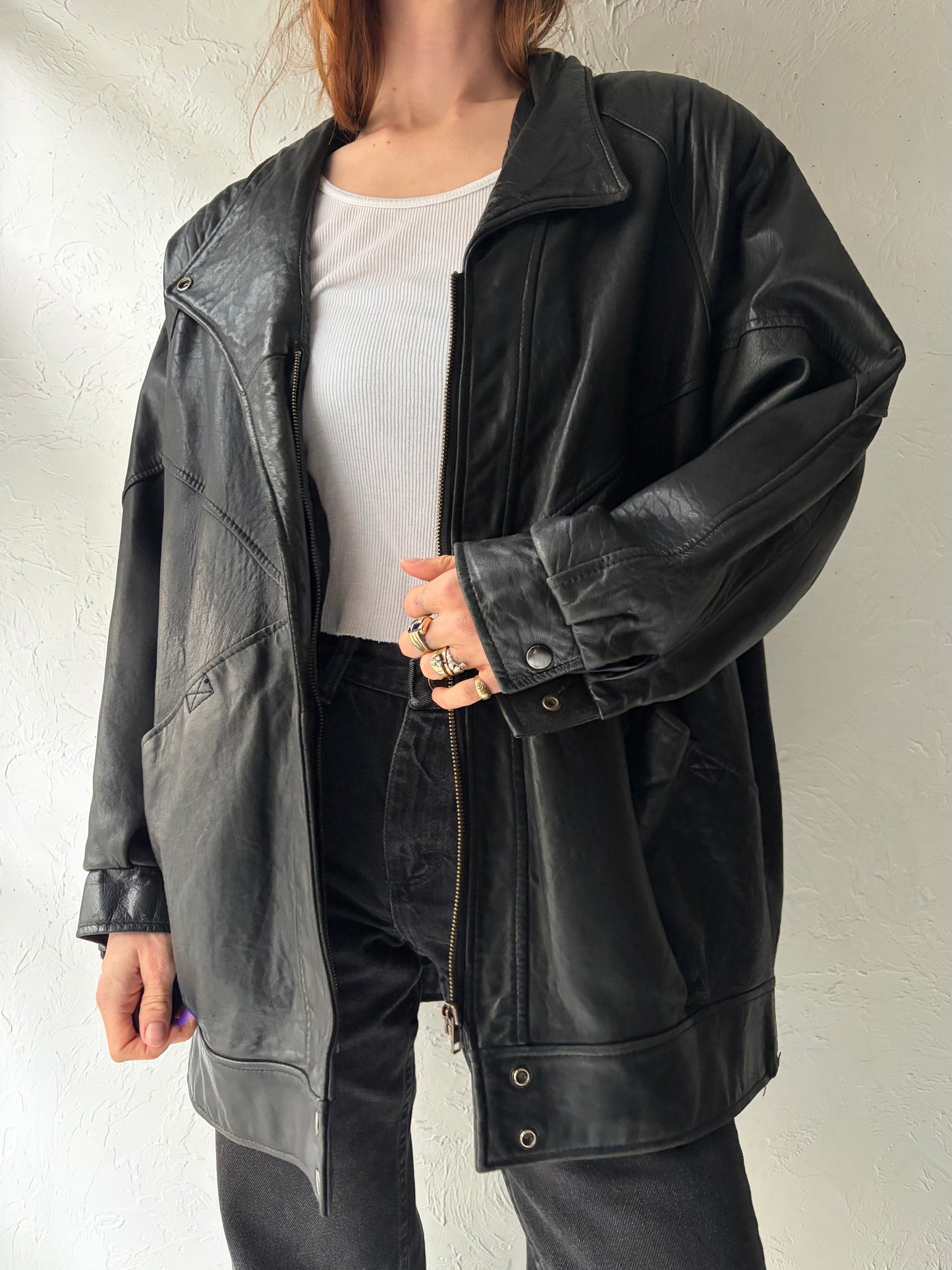 90s 'Liz Phillips' Black Leather Jacket / Large