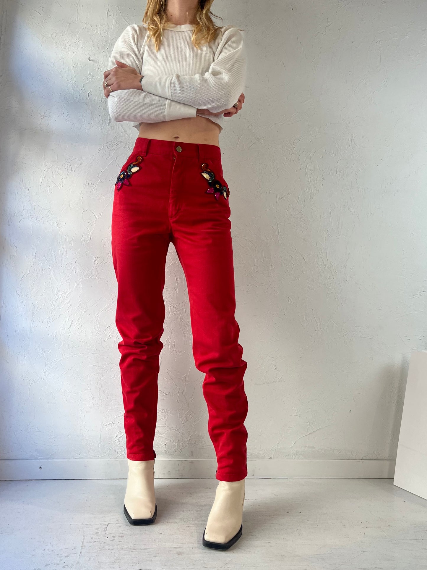 90s 'Escada' Red Beaded Jeans / Small