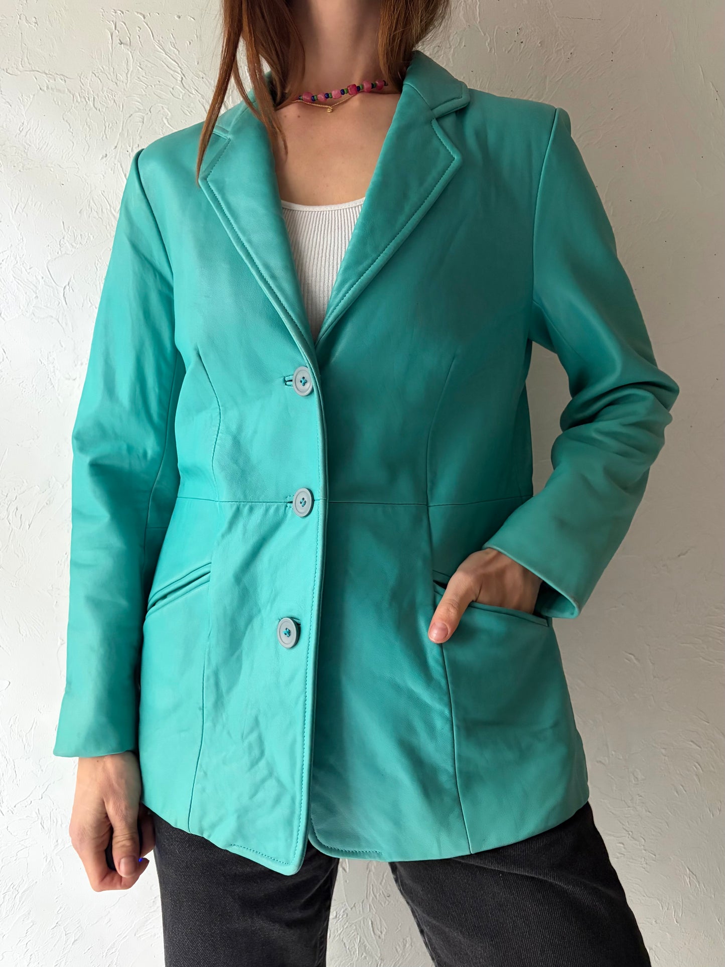 Y2k 'Bernardo' Turquoise Leather Blazer Style Jacket / Vintage 2000s Minimalist Jacket / Small