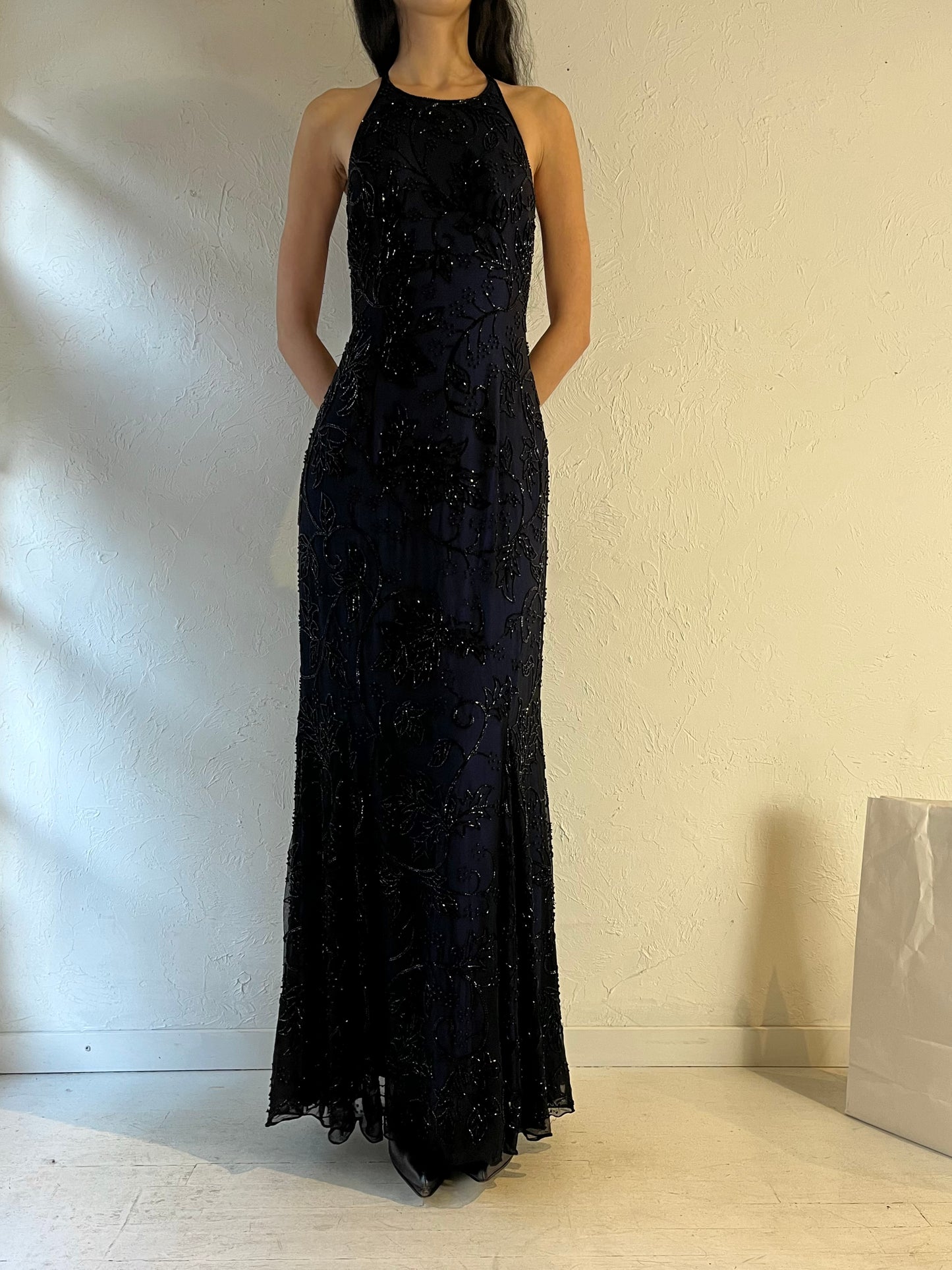 Y2K ‘Sean Collection’ Navy Blue Beaded Formal Dress / Large