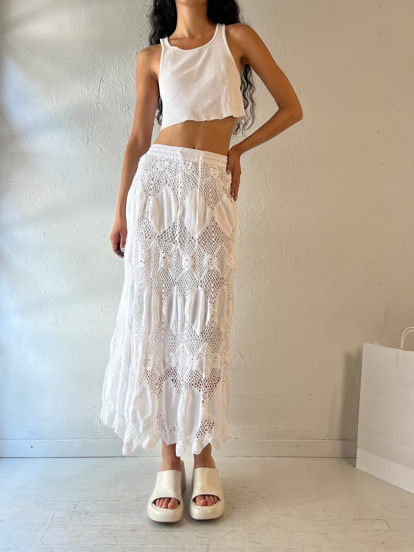 Y2k 'Baja Clothing' White Cotton Crochet Maxi Skirt / Small