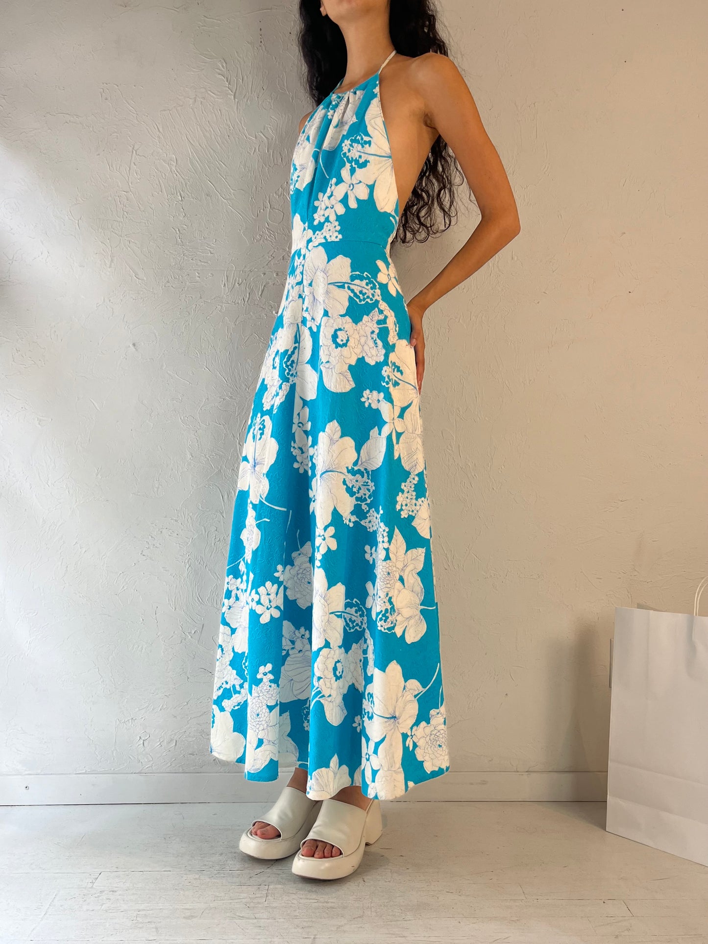 70s Handmade Blue Floral Halter Dress / Small