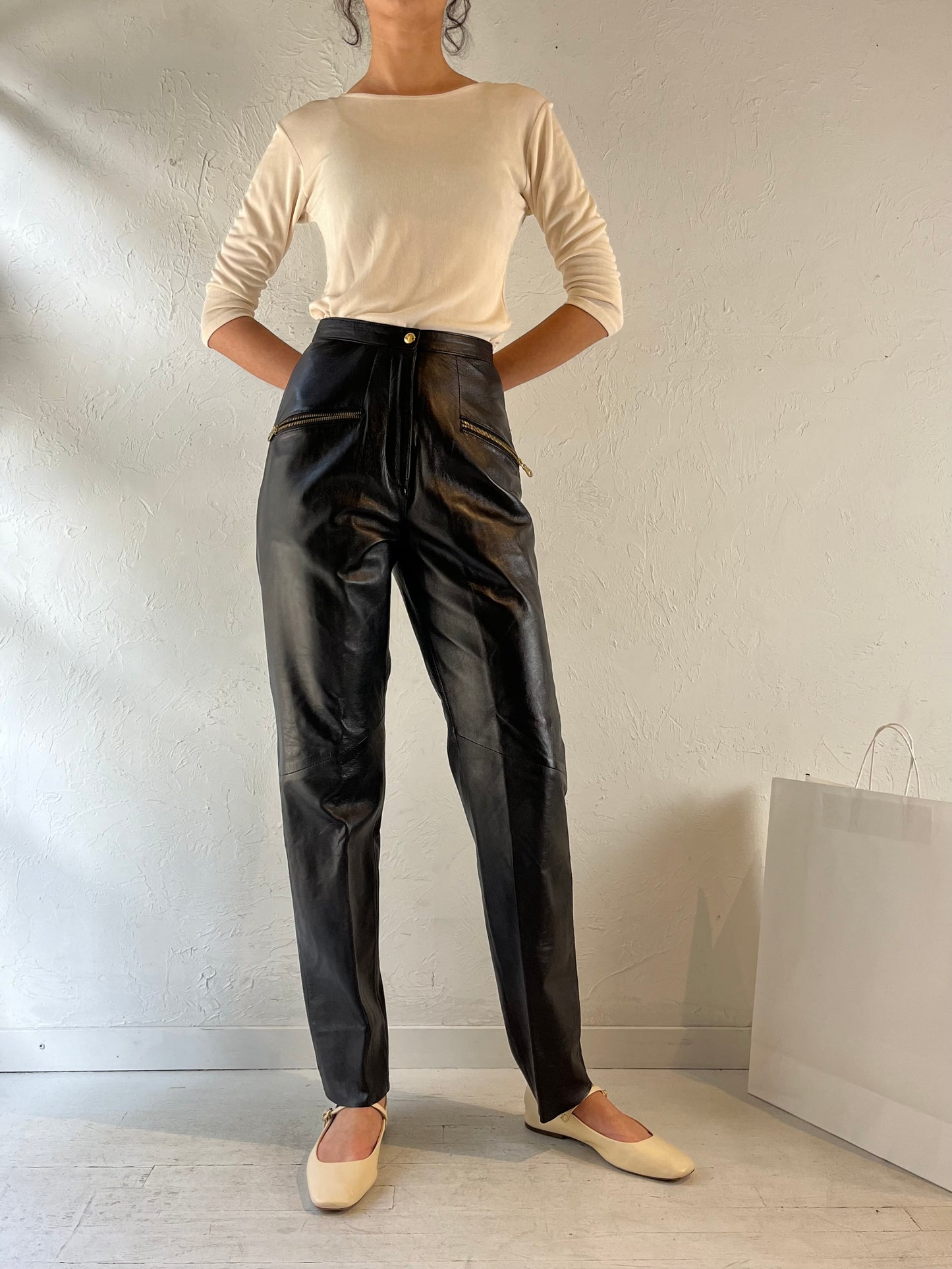 90s ‘G 3’ Black Leather High Waisted Pants / Small