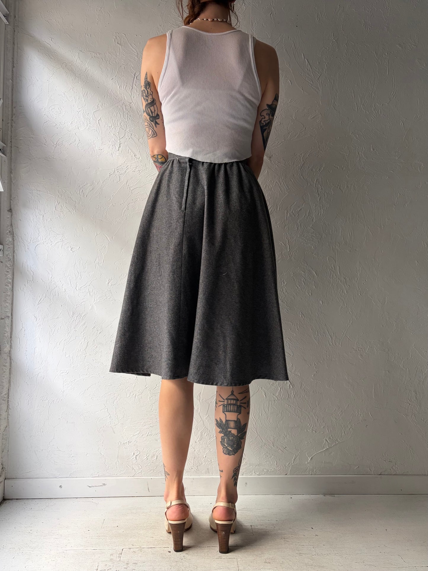 80s 'Ziba' Grey High Waisted Academia A-line Midi Skirt / Small
