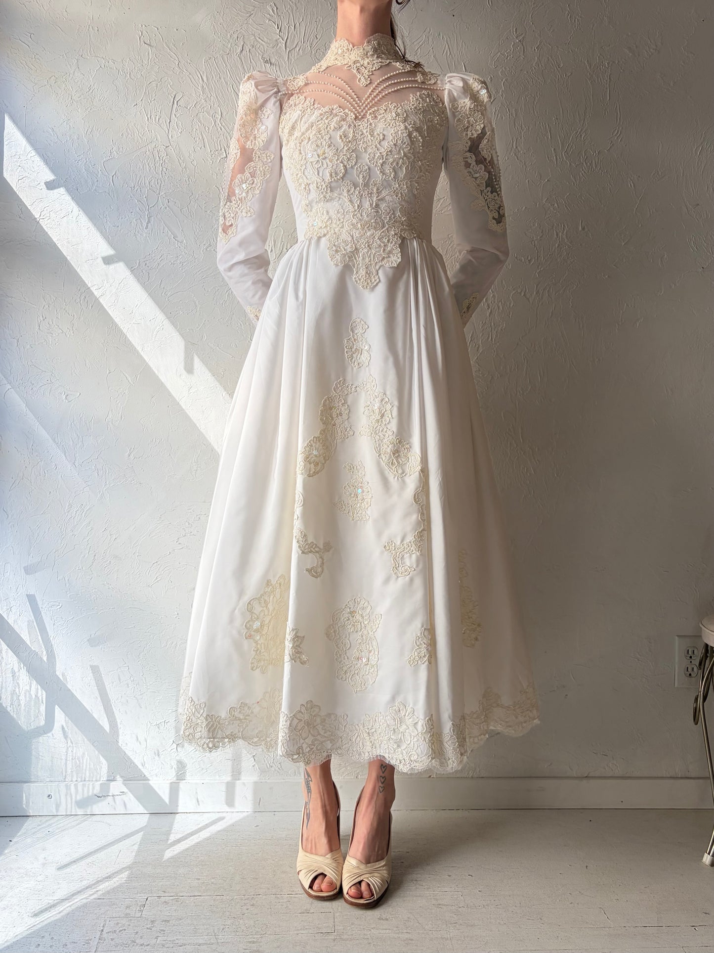 1980s White Long Sleeve Tea Length Wedding Dress / Small