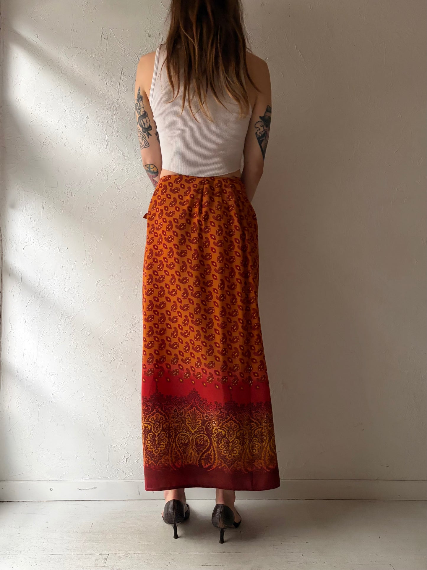 90s 'Karen Scott' Orange Patterned Hippie Boho Wrap Maxi Skirt / Small