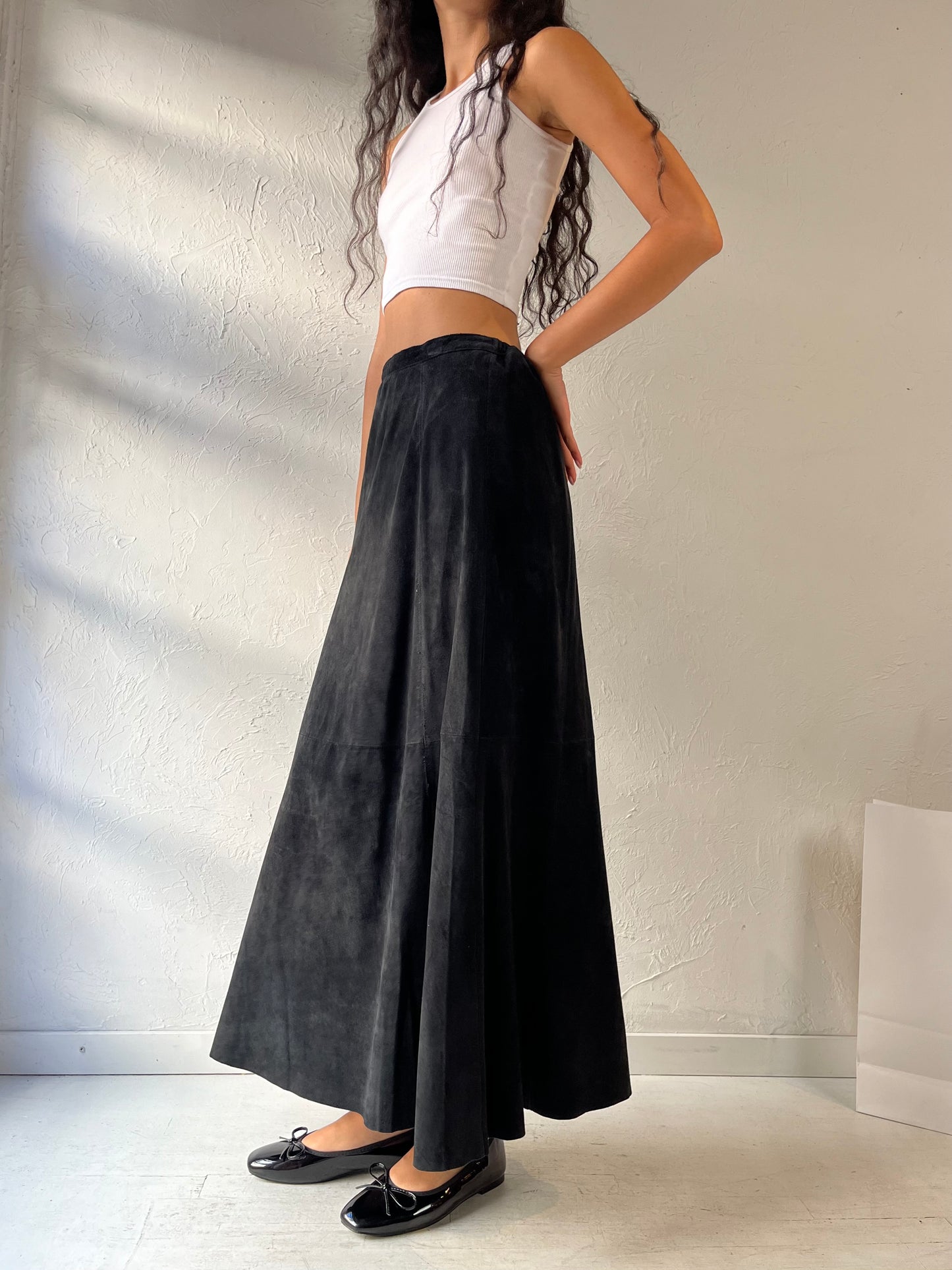 90s ‘Chicos’ Long Black Suede Skirt / Small