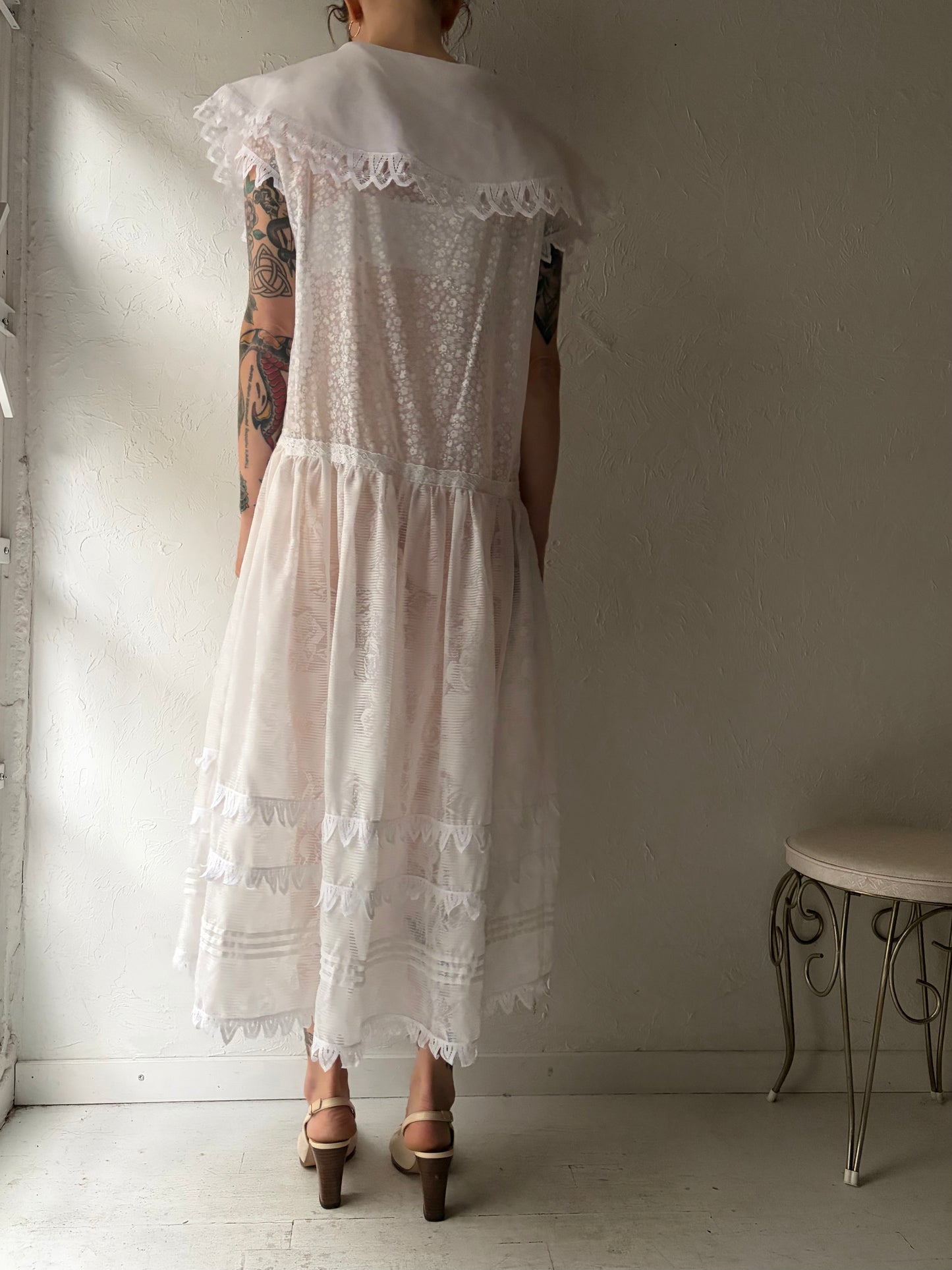 80s ‘Editions’ White Collared Sheer Dress / Large