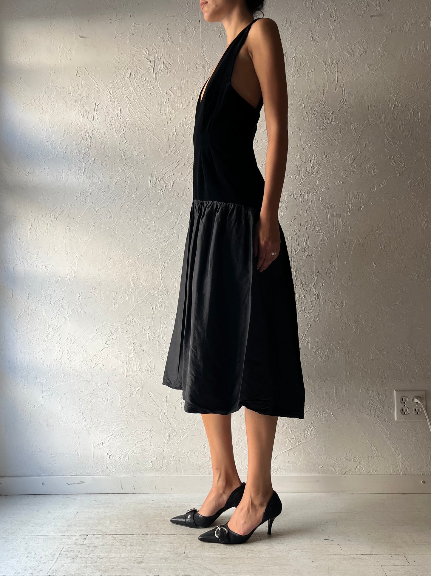 Vintage Black Velvet Formal Drop Waist Dress / Small