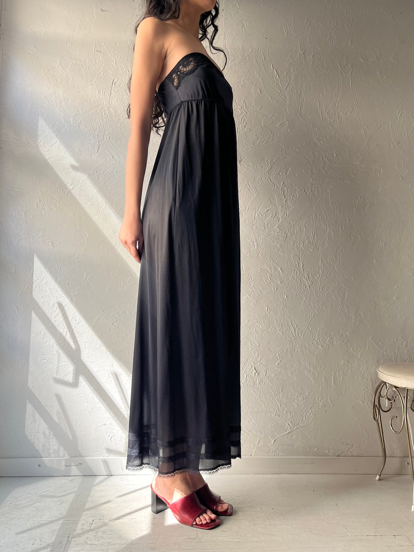 90s 'Claydel' Black Strapless Romantic Nylon Maxi Slip Dress / Small