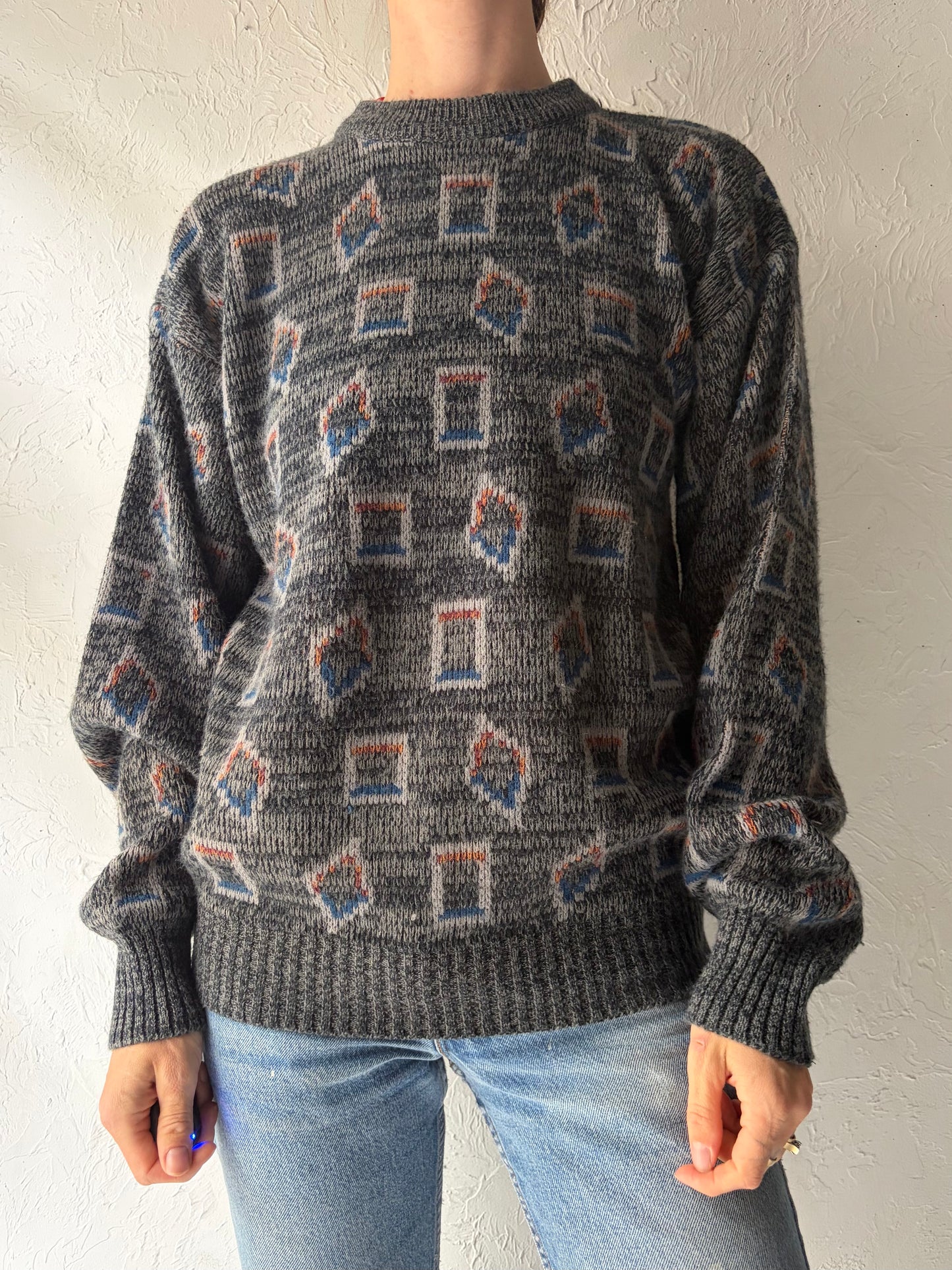 90s 'Weeds' Patterned Retro Academia Crewneck Pullover Sweater / Large