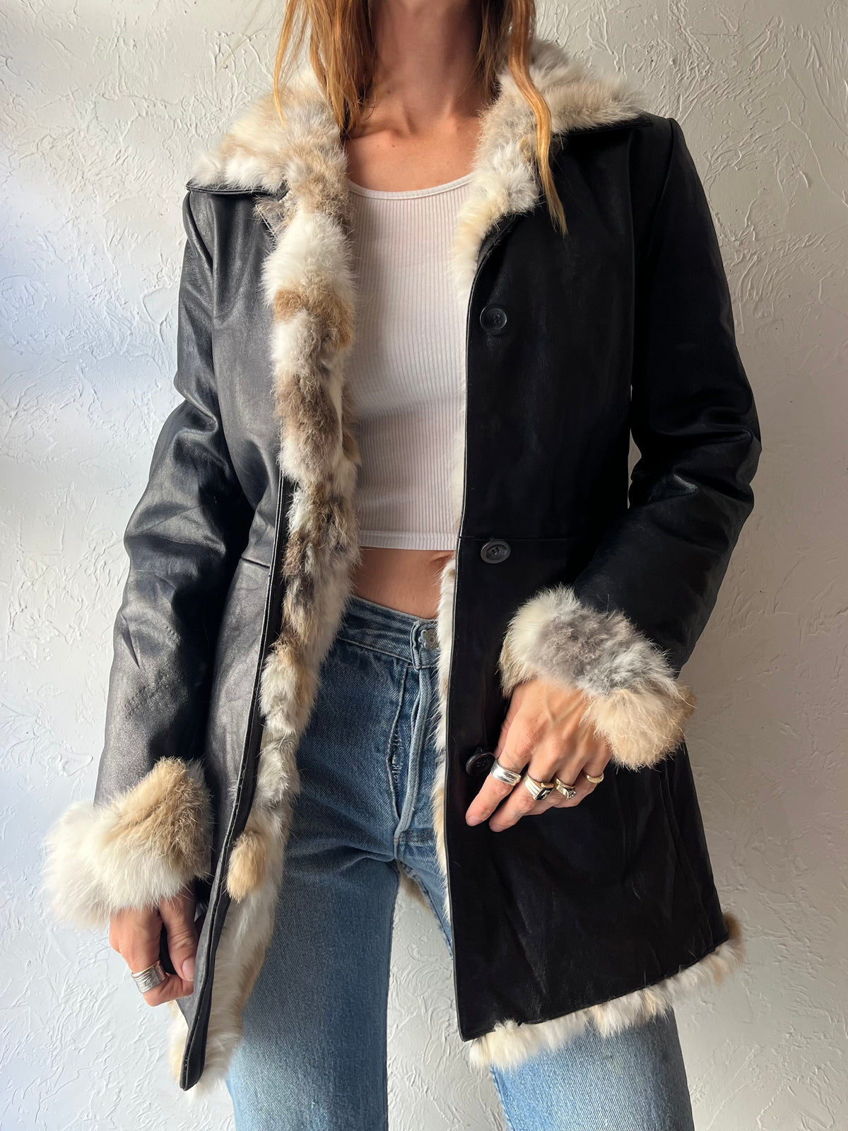90s 'Kasper' Black Leather Fur Lined Boho Streetwear Winter Jacket / Small