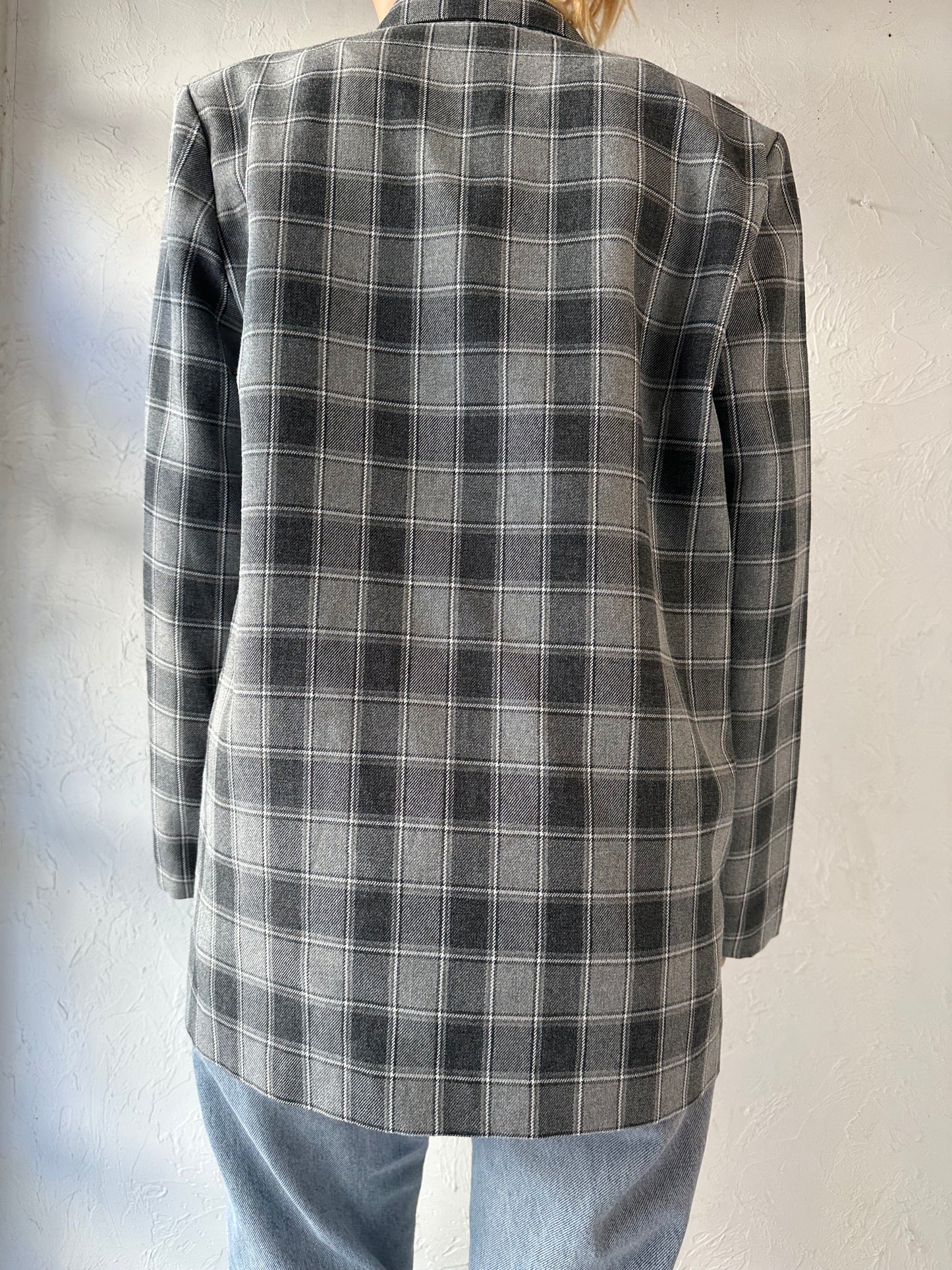 90s 'Lawrence' Gray Plaid Blazer Jacket / Large